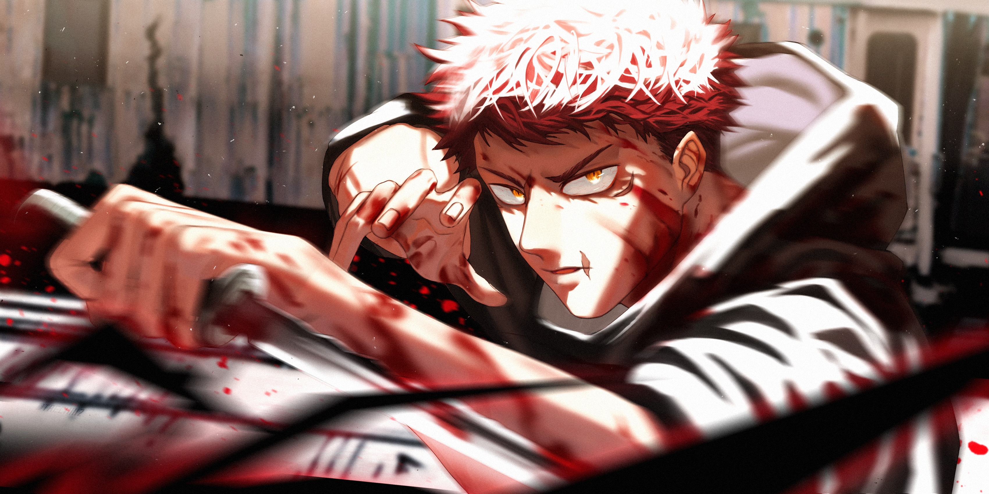 Yuji Itadori with orange eyes and bloody face HD Wallpaper