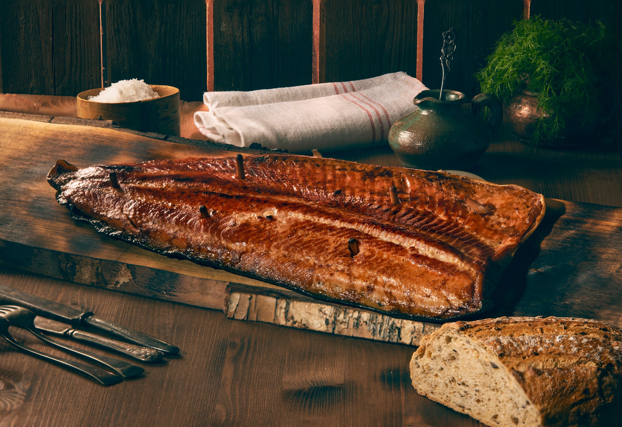 Smoked Salmon on a Wooden Board with Bread HD Wallpaper