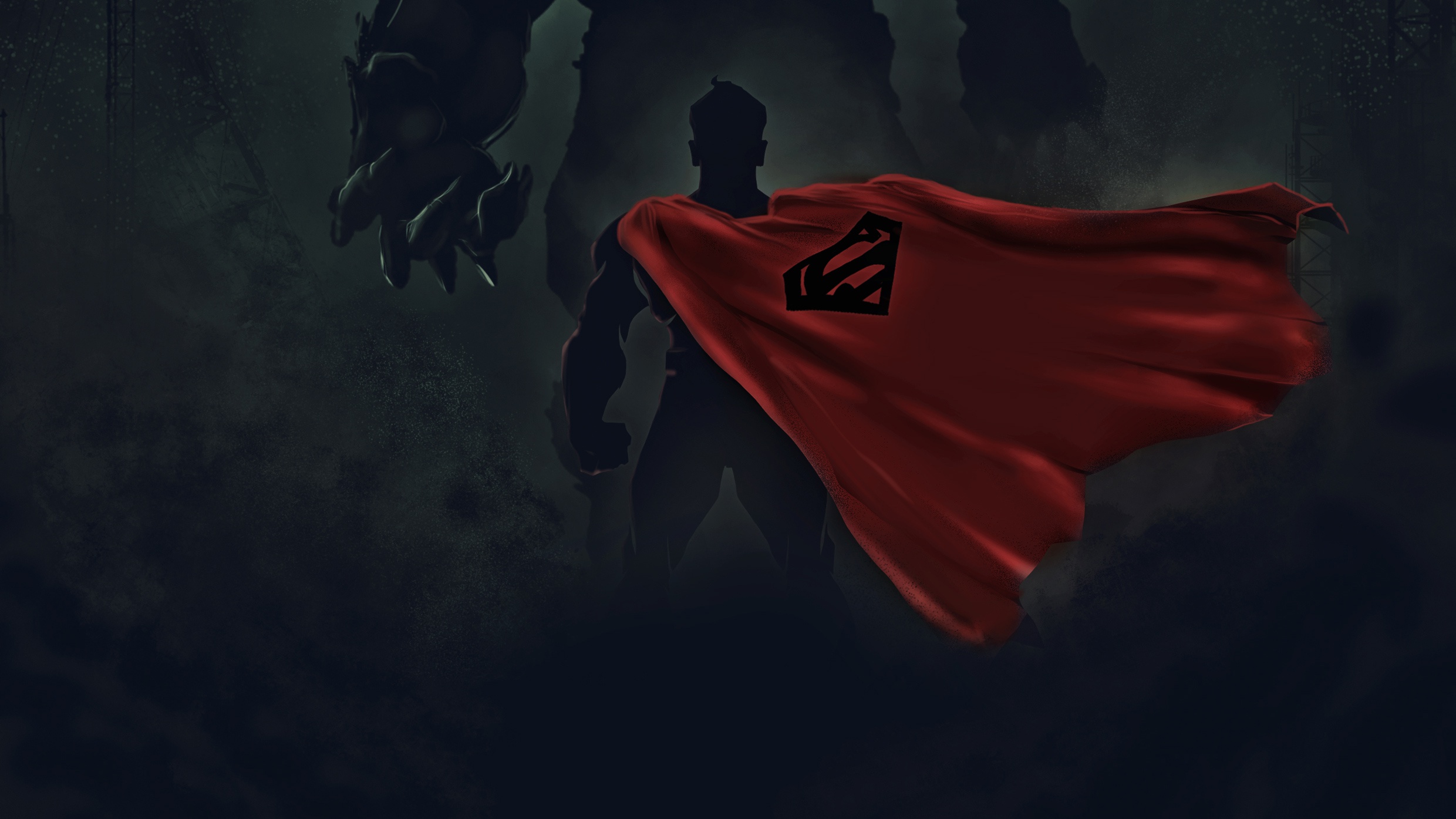 Superman and a large monster in silhouette HD Wallpaper