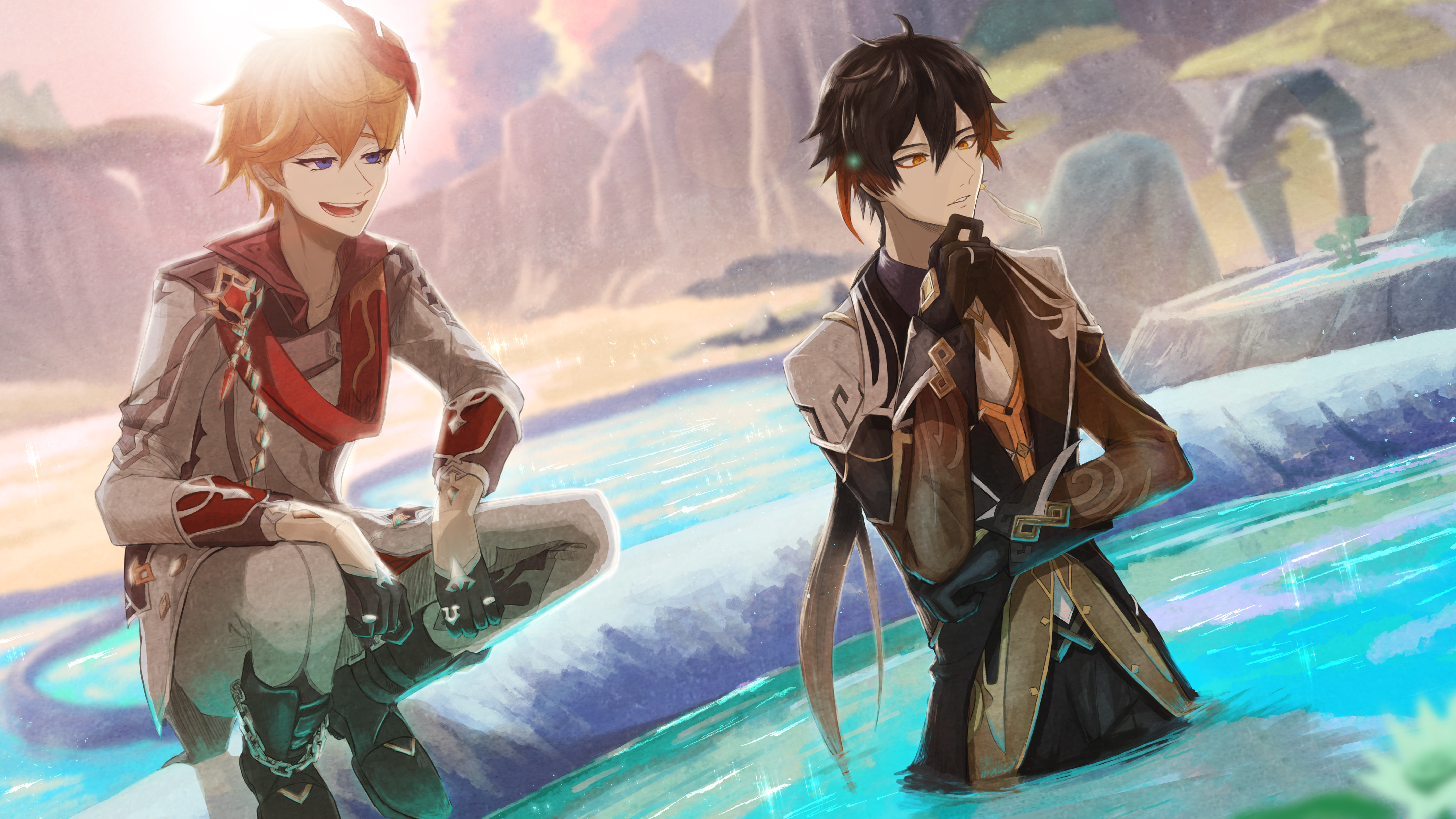 Zhongli and Tartaglia from Genshin Impact in water HD Wallpaper