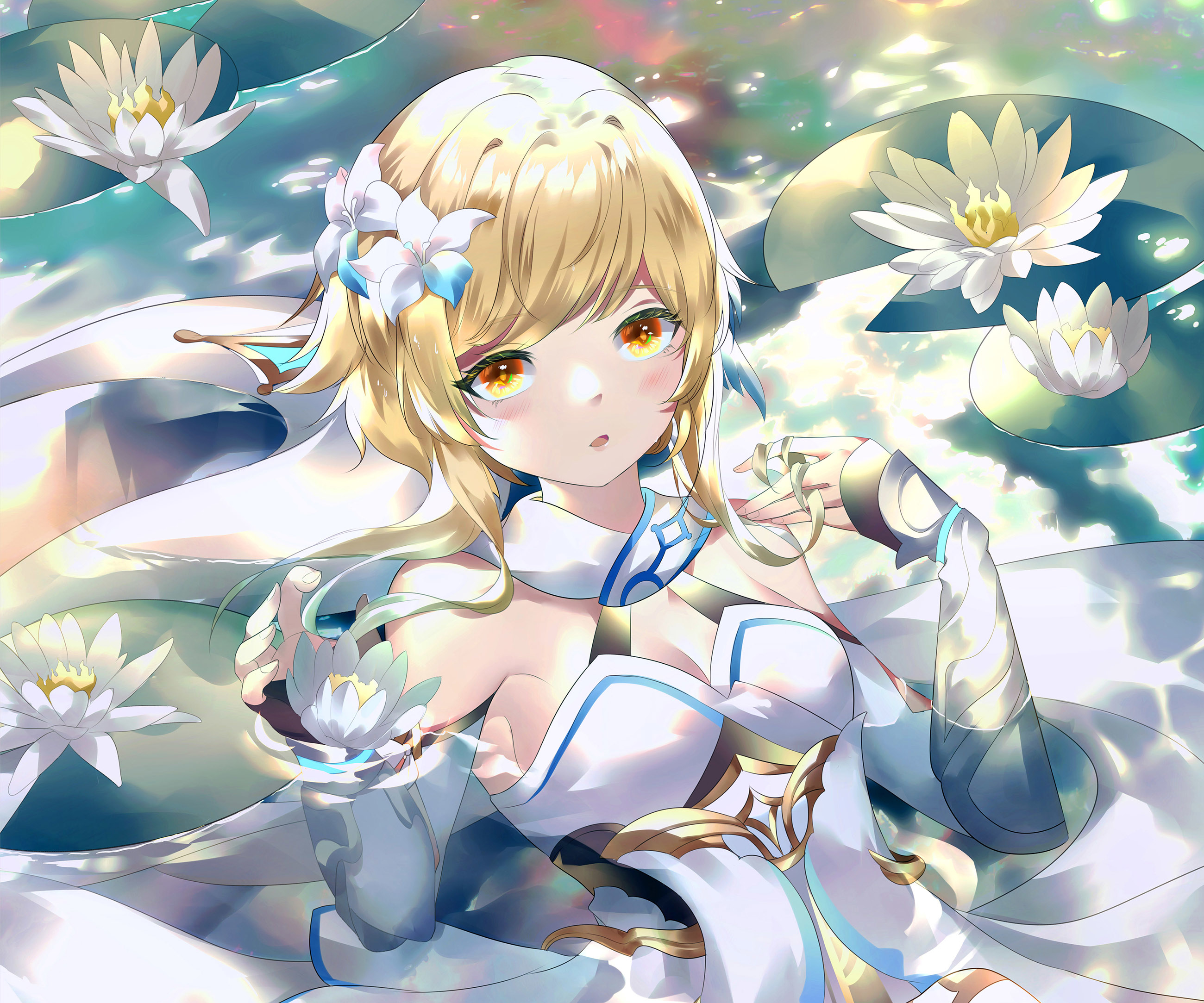 Lumine from Genshin Impact surrounded by water lilies HD Wallpaper