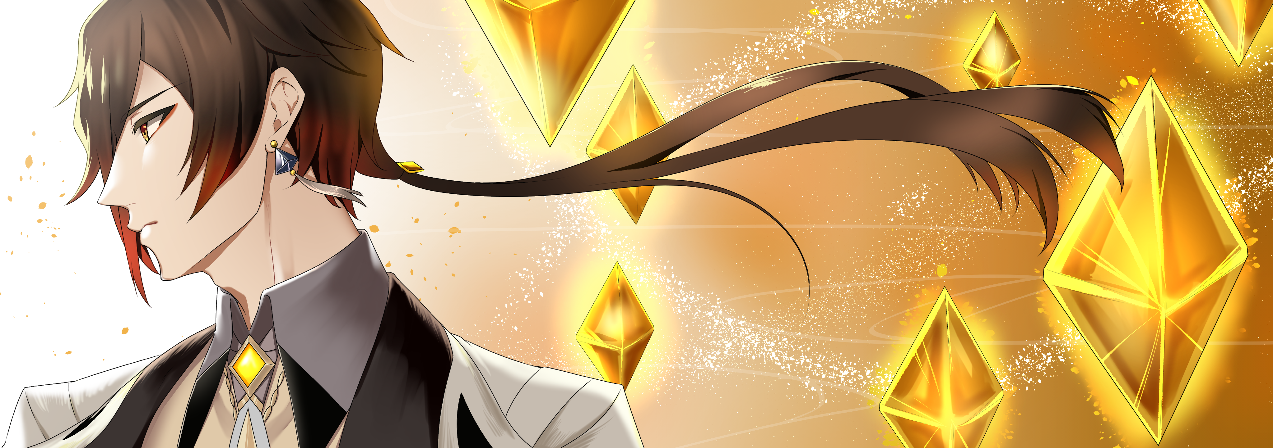 Zhongli from Genshin Impact with golden crystals HD Wallpaper
