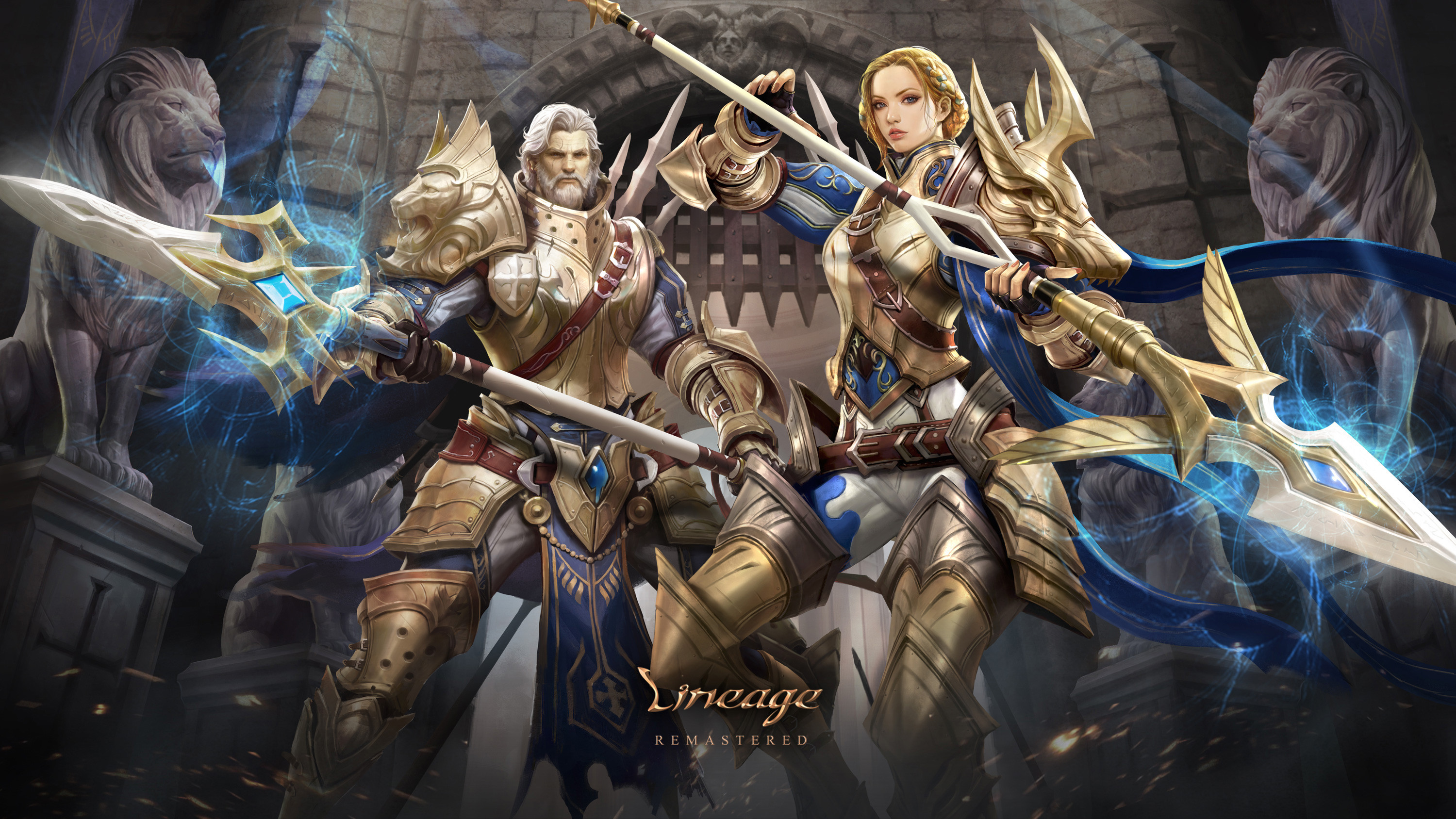 Lineage Remastered: Male and Female Warriors with Spears HD Wallpaper
