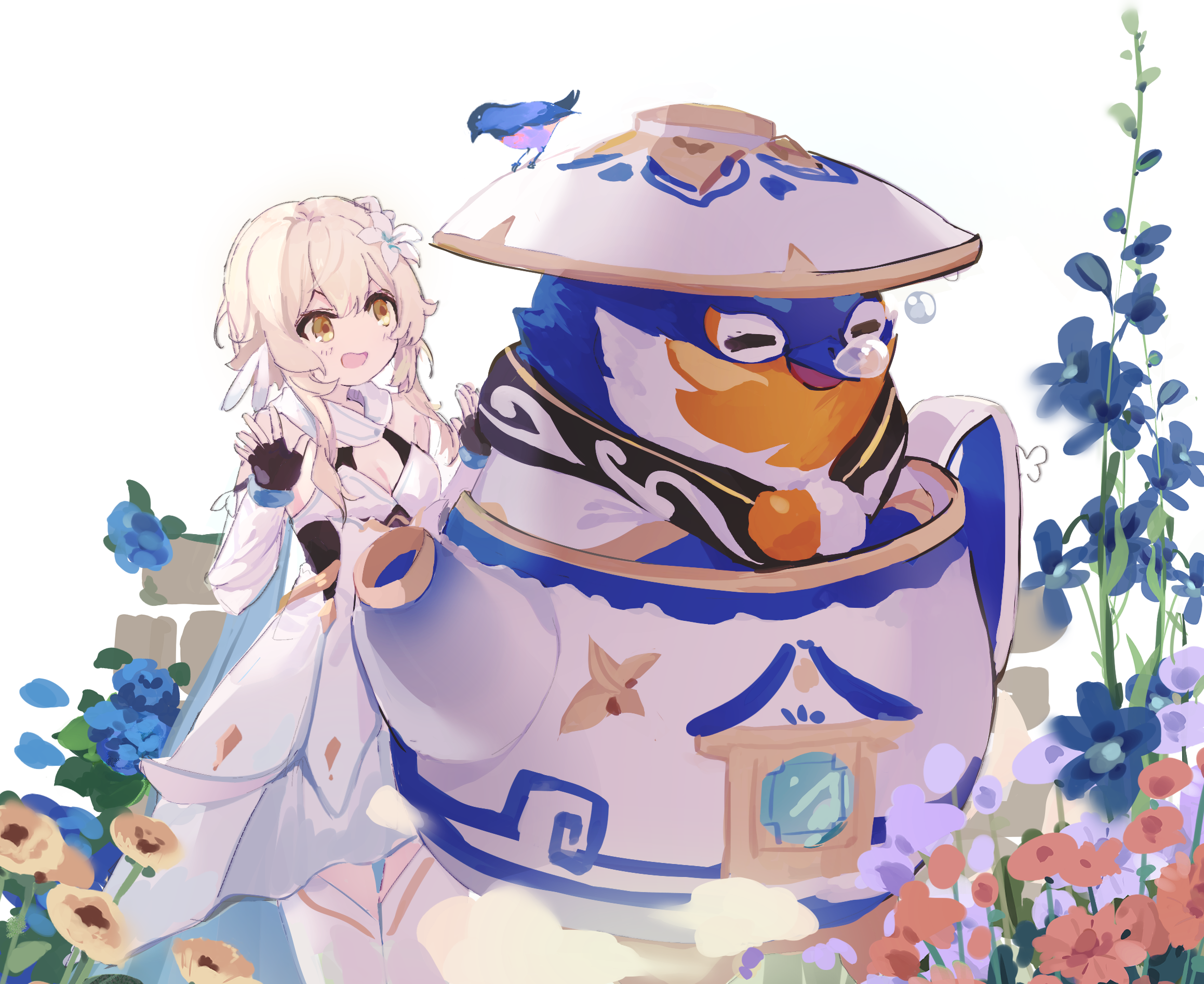 Lumine and a bird in a teapot HD Wallpaper