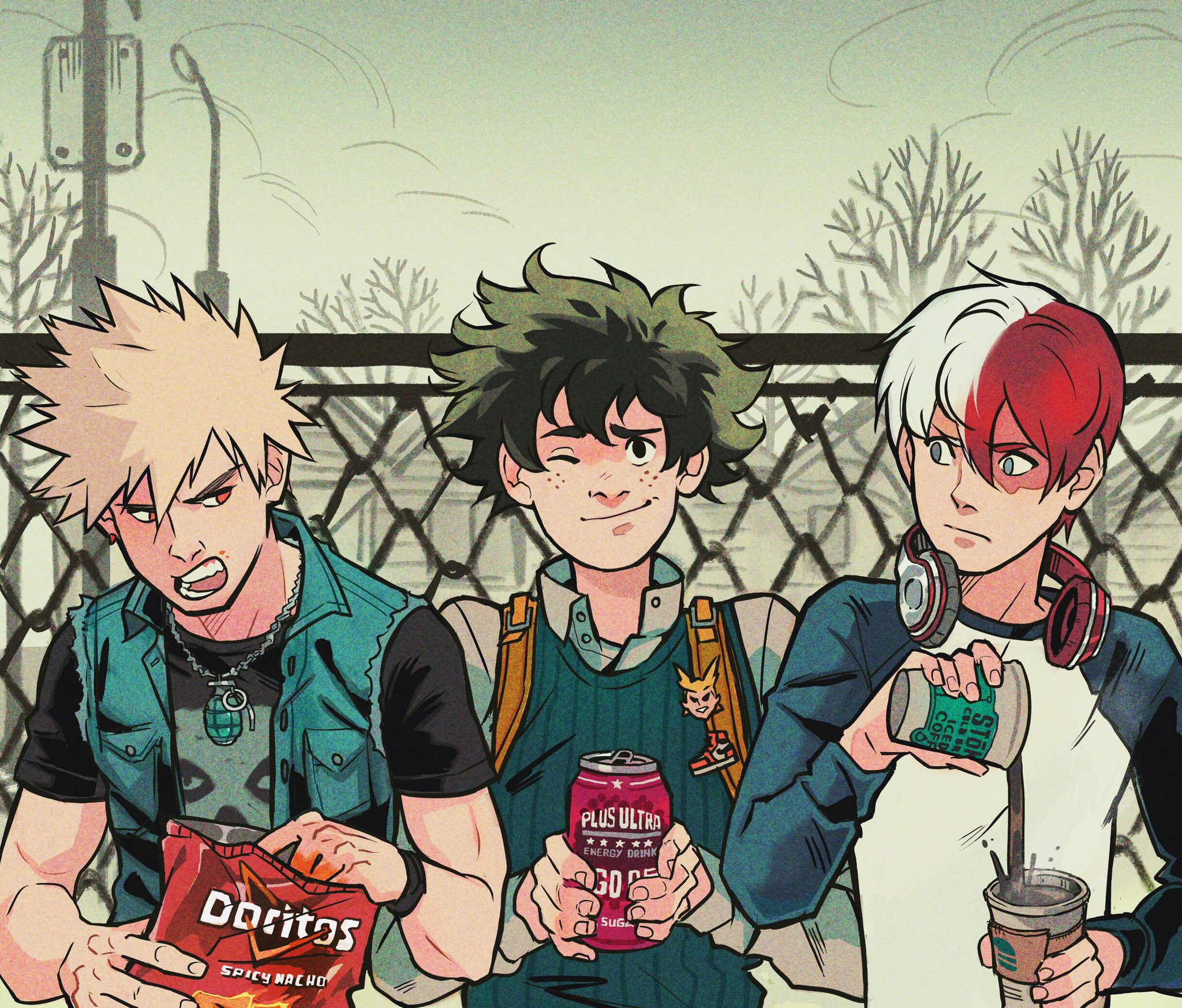My Hero Academia: Bakugou, Midoriya, and Todoroki with snacks HD Wallpaper