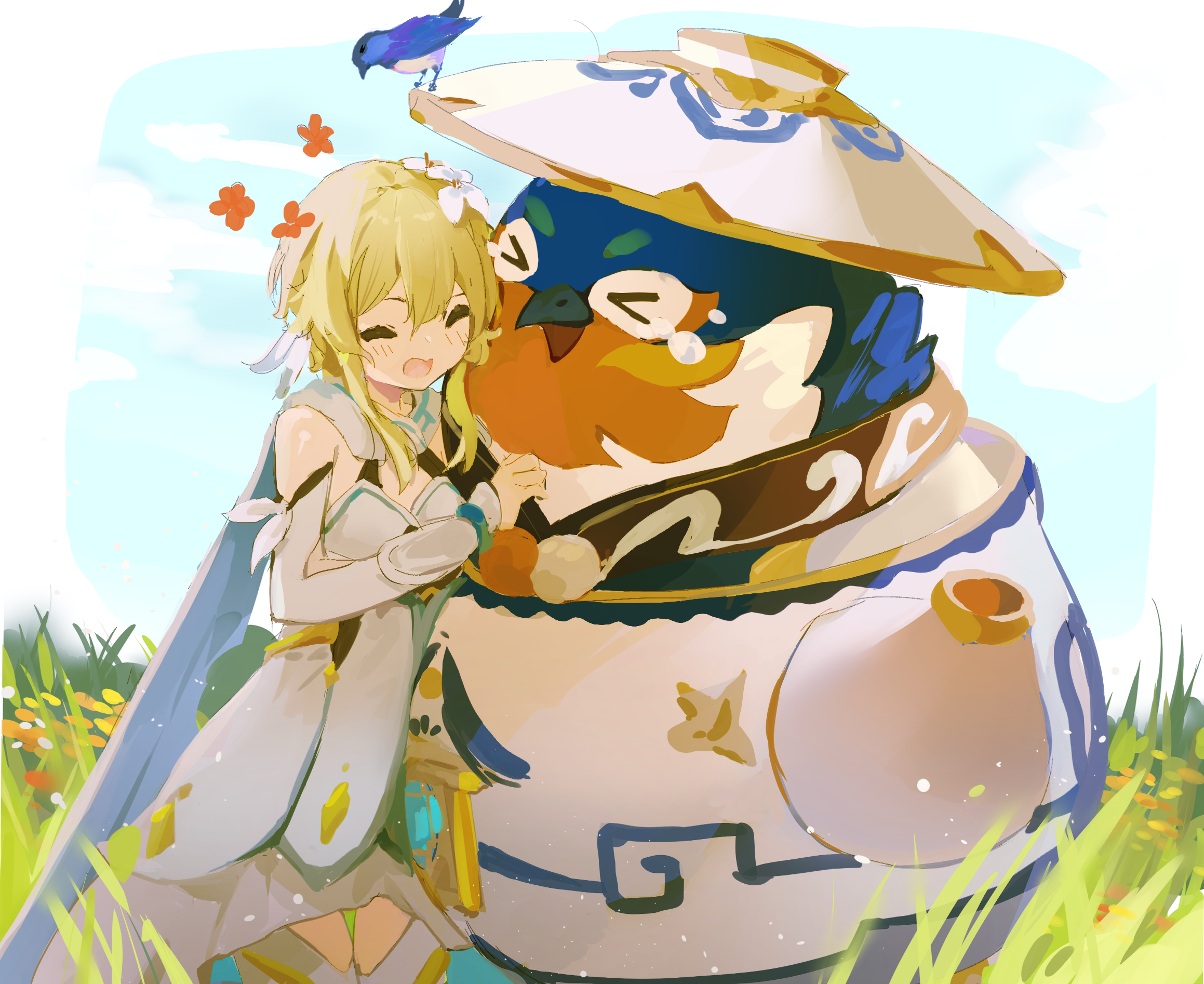 Lumine and a large bird-like creature in a field HD Wallpaper