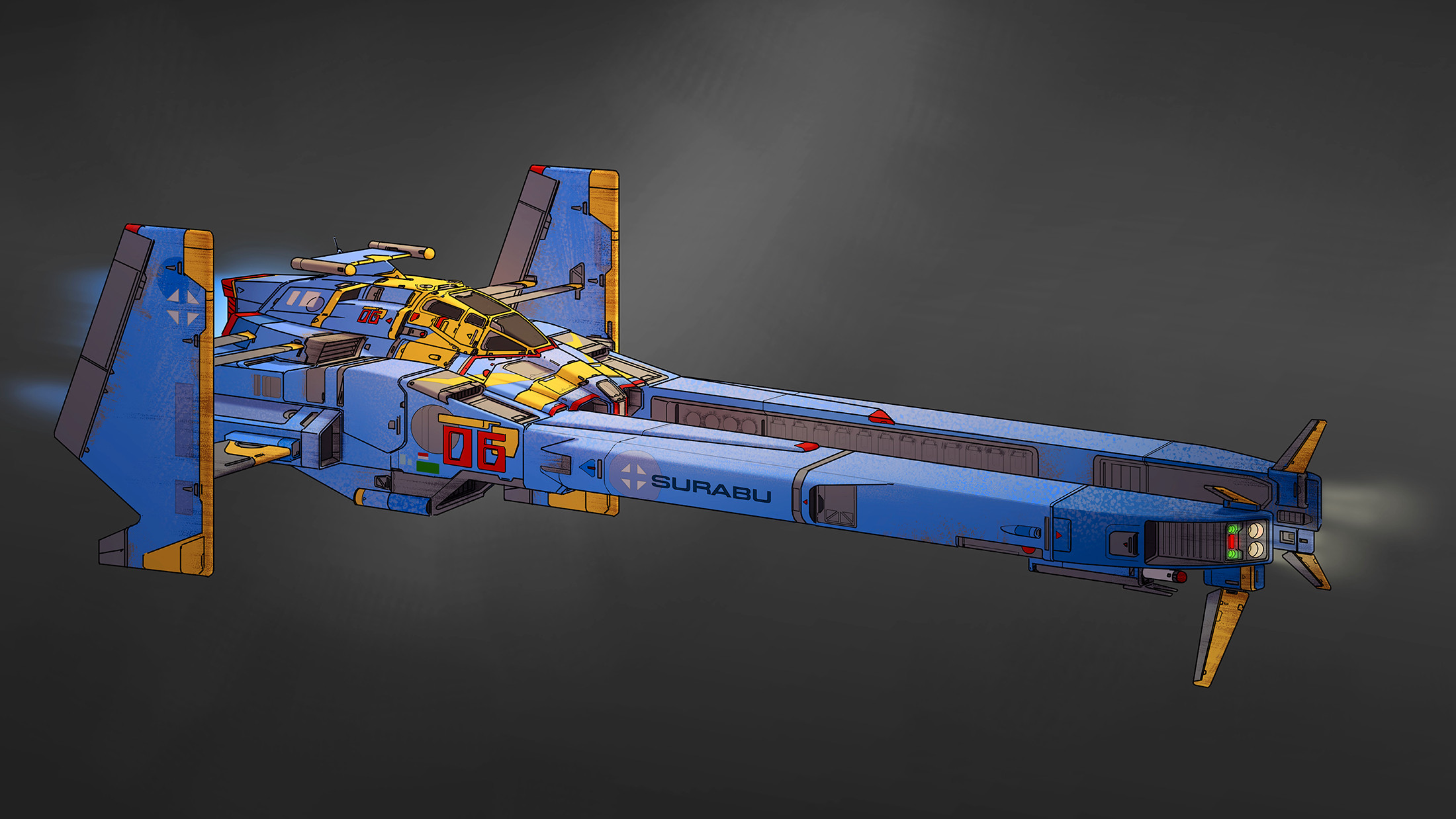 Blue and yellow racing spaceship with number 06 HD Wallpaper
