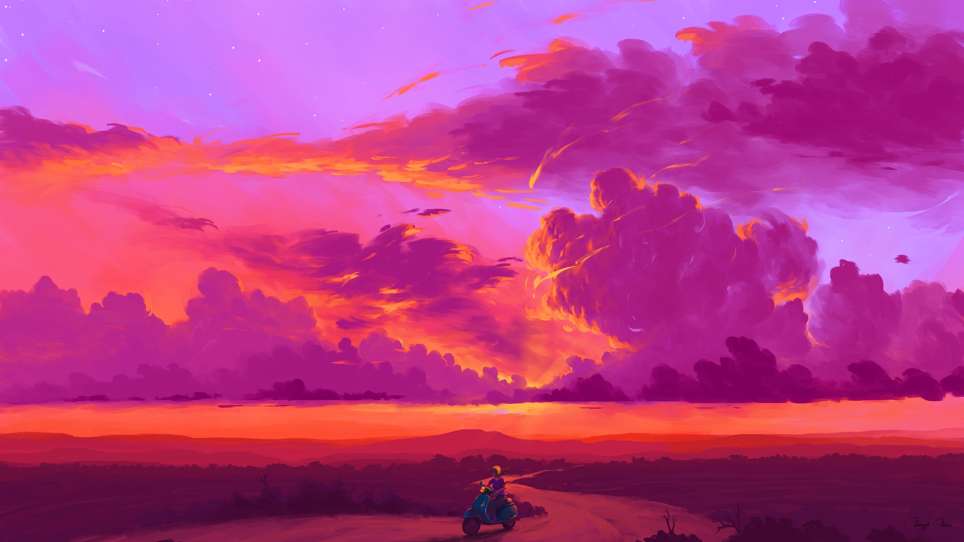 Person riding a scooter through a colorful sunset landscape HD Wallpaper