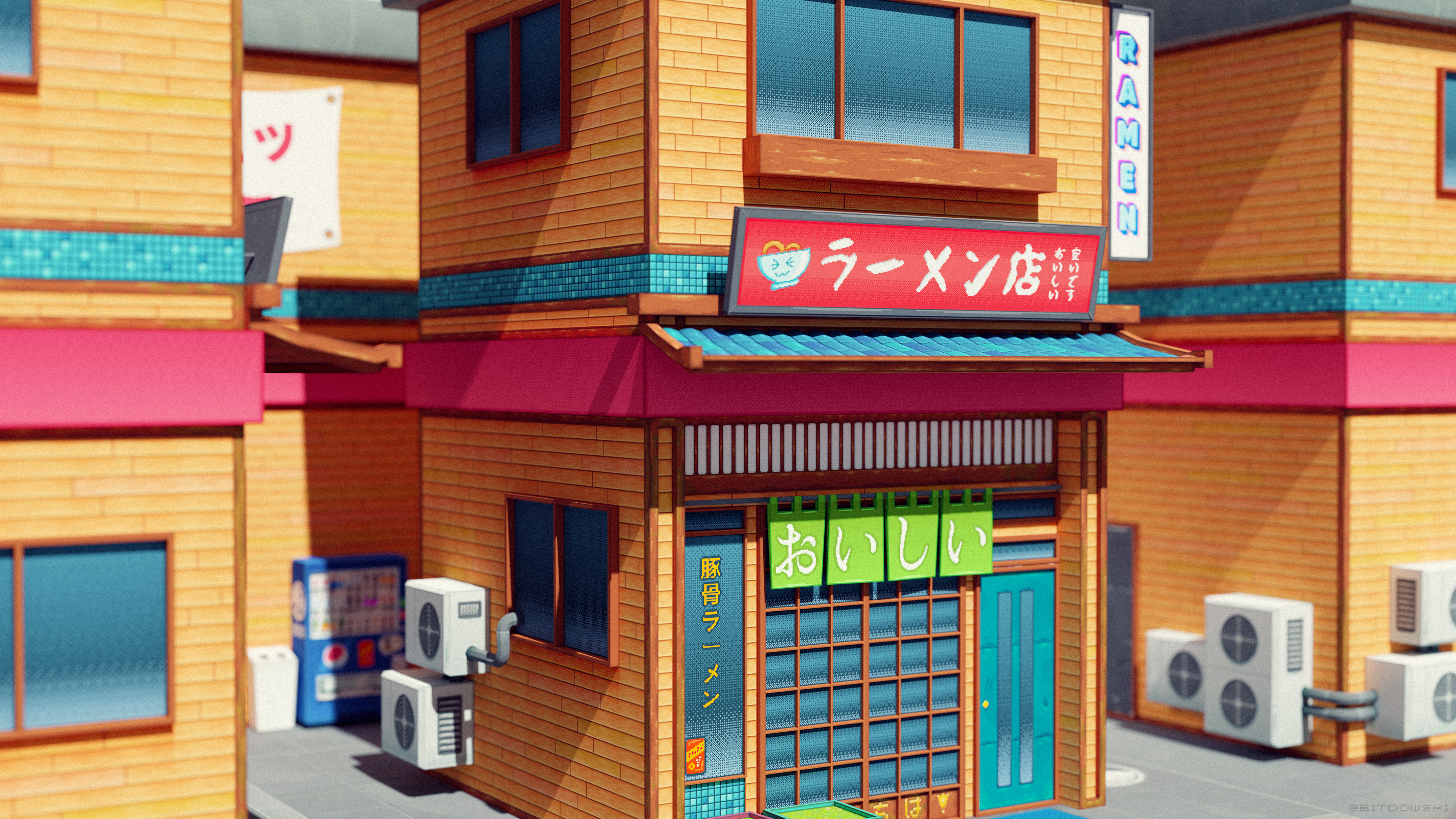 3D Pixel Art Ramen Shop HD Wallpaper