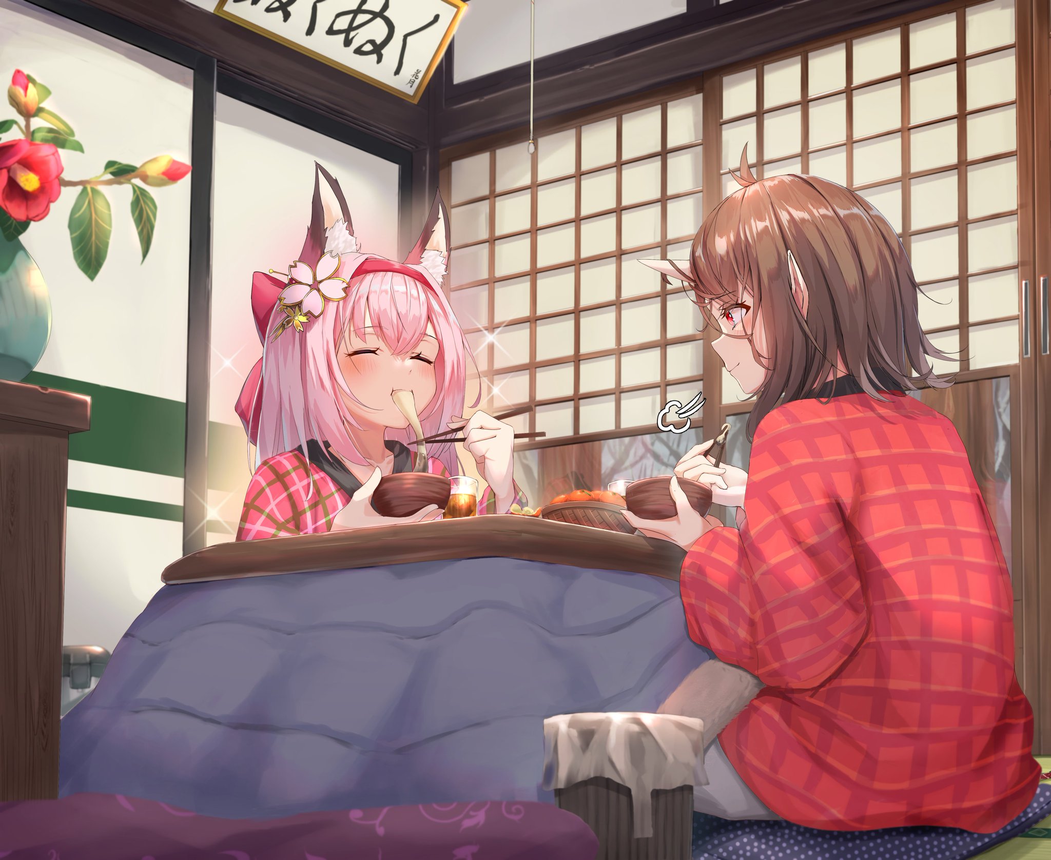 Hanazuki and Kirishima eating at a kotatsu HD Wallpaper