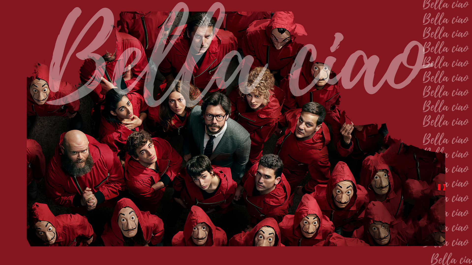 Money Heist characters in red jumpsuits HD Wallpaper