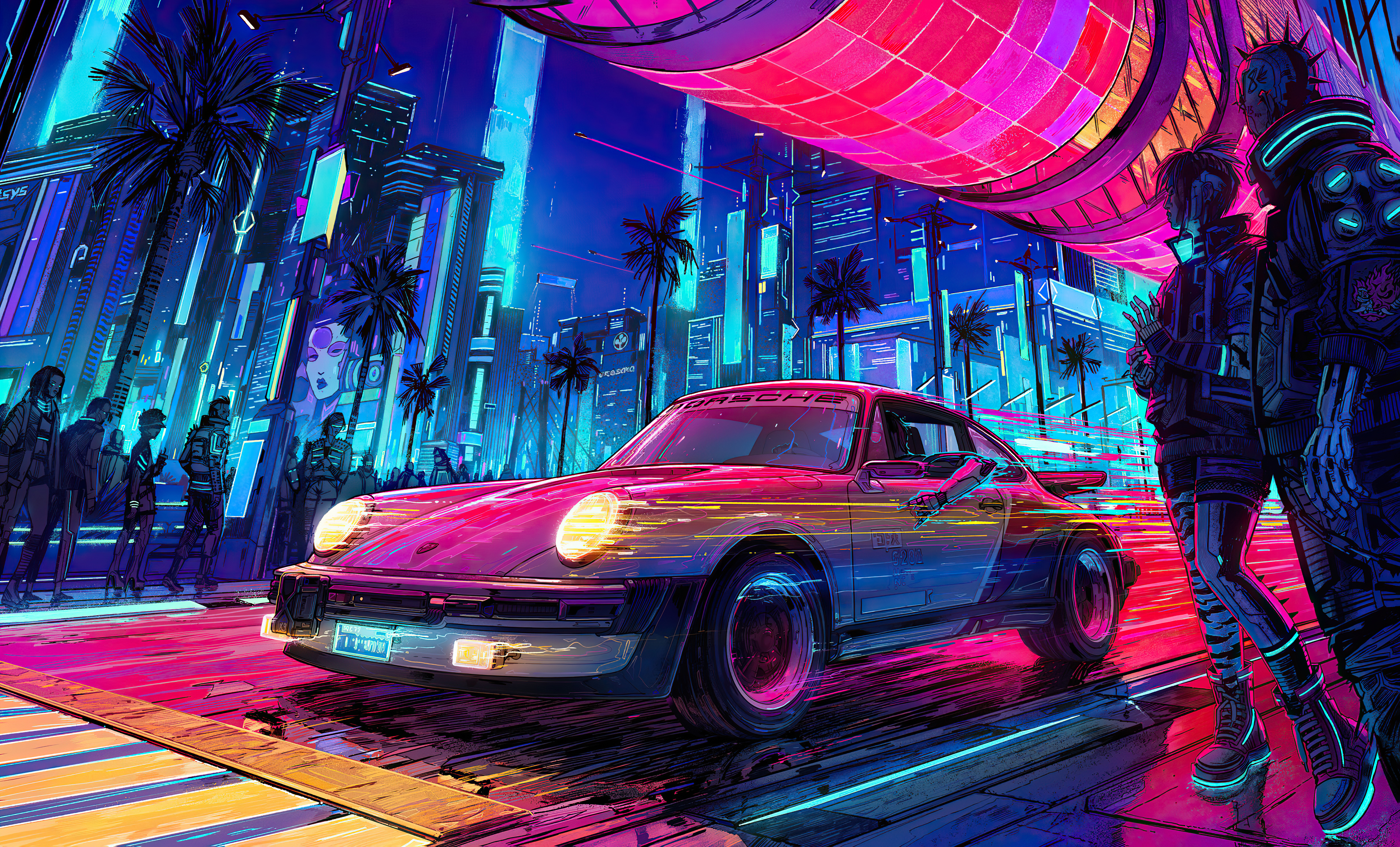 Porsche 4K in a Neon Cyberpunk City HD Wallpaper