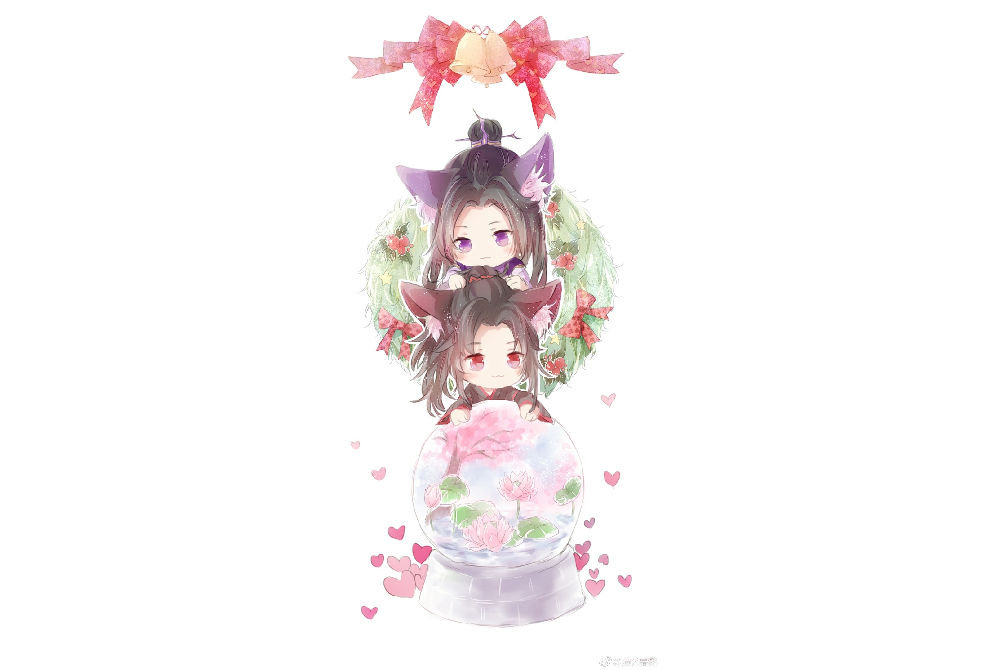 Mo Dao Zu Shi Chibi Characters with Christmas Wreath and Snow Globe HD Wallpaper