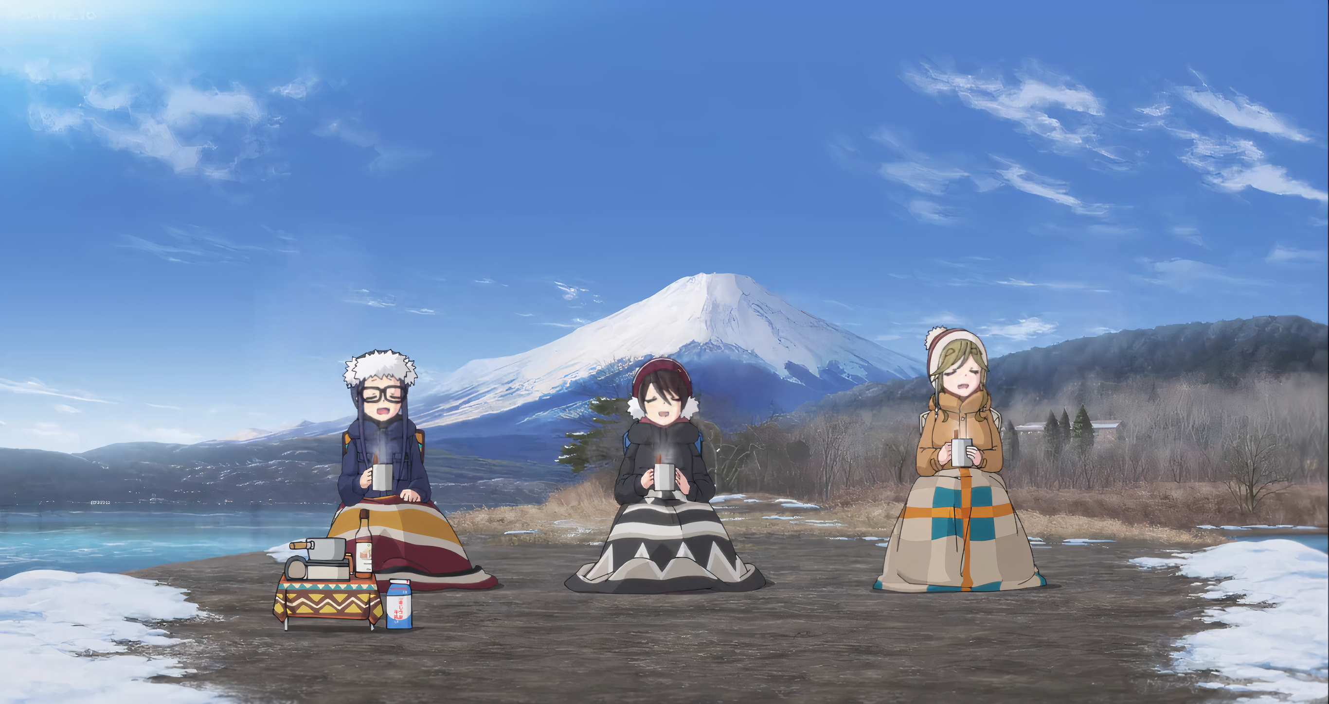 Laid-Back Camp: Chiaki, Aoi, and Ena enjoy hot drinks by Mt. Fuji HD Wallpaper
