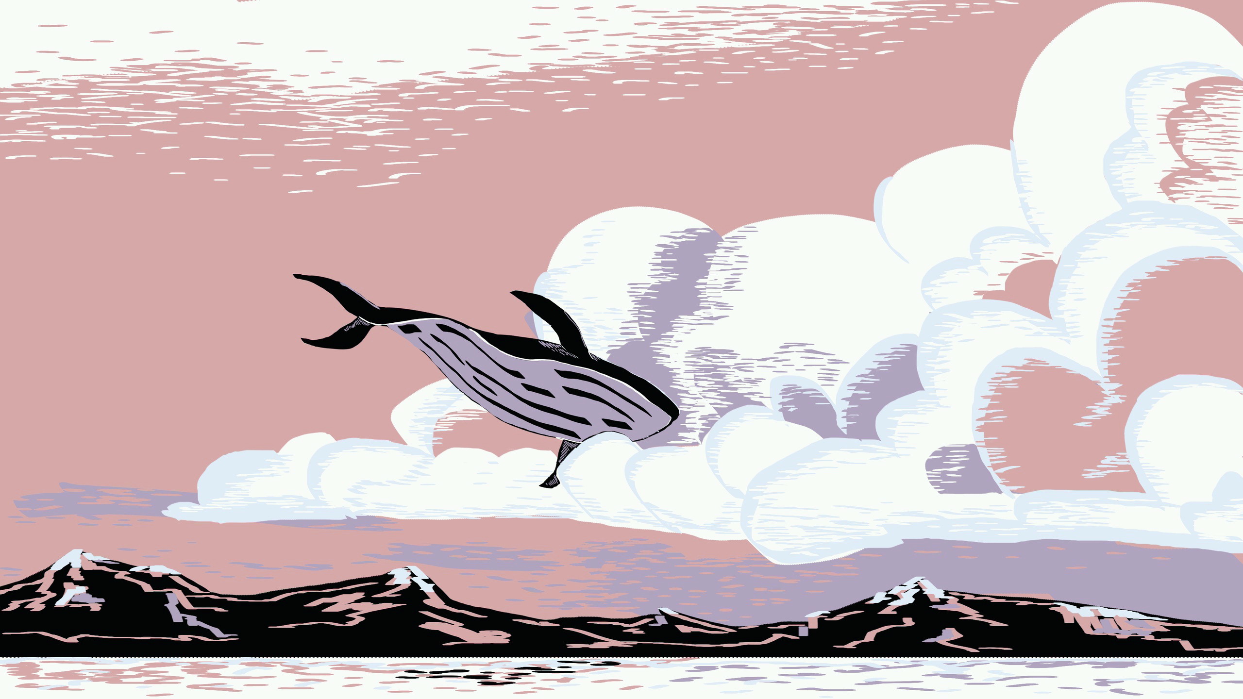 Whale jumping through clouds over mountains HD Wallpaper
