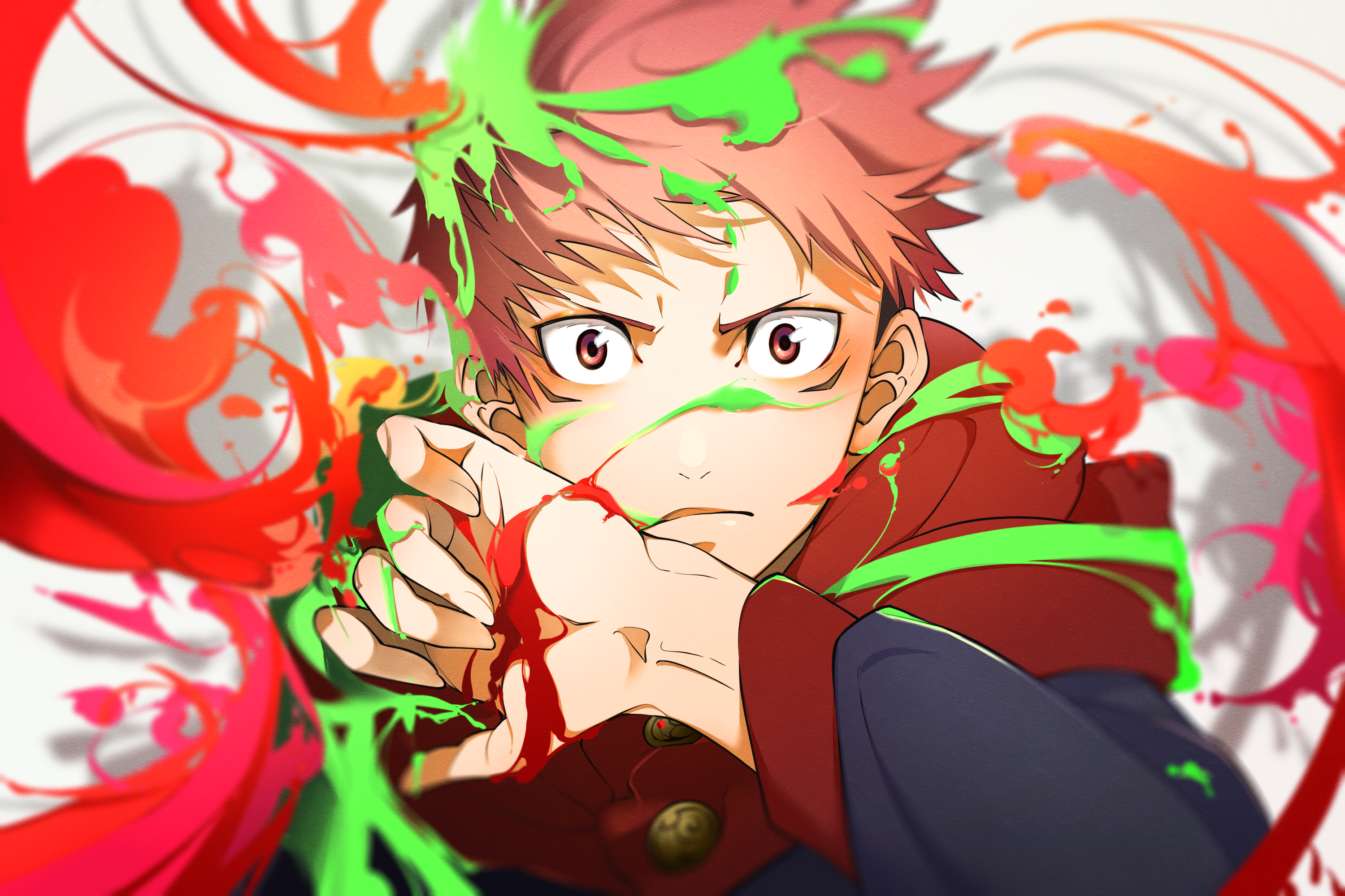 Yuji Itadori with red and green paint splashes HD Wallpaper
