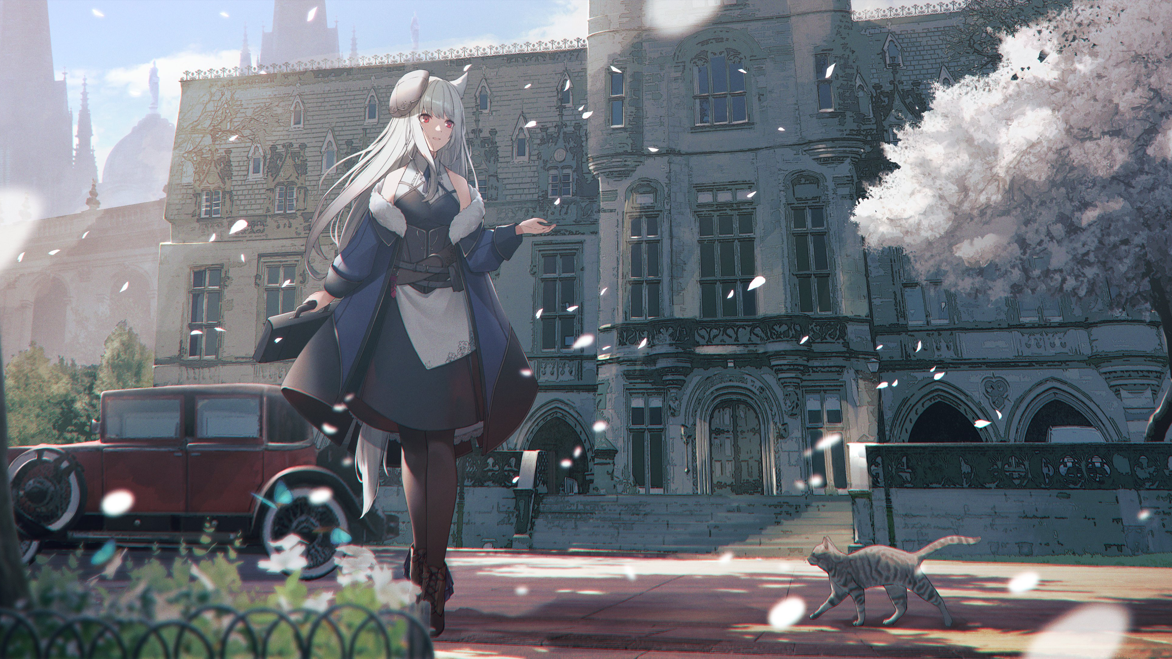 Girl with Animal Ears and Cat near a Car and Building HD Wallpaper