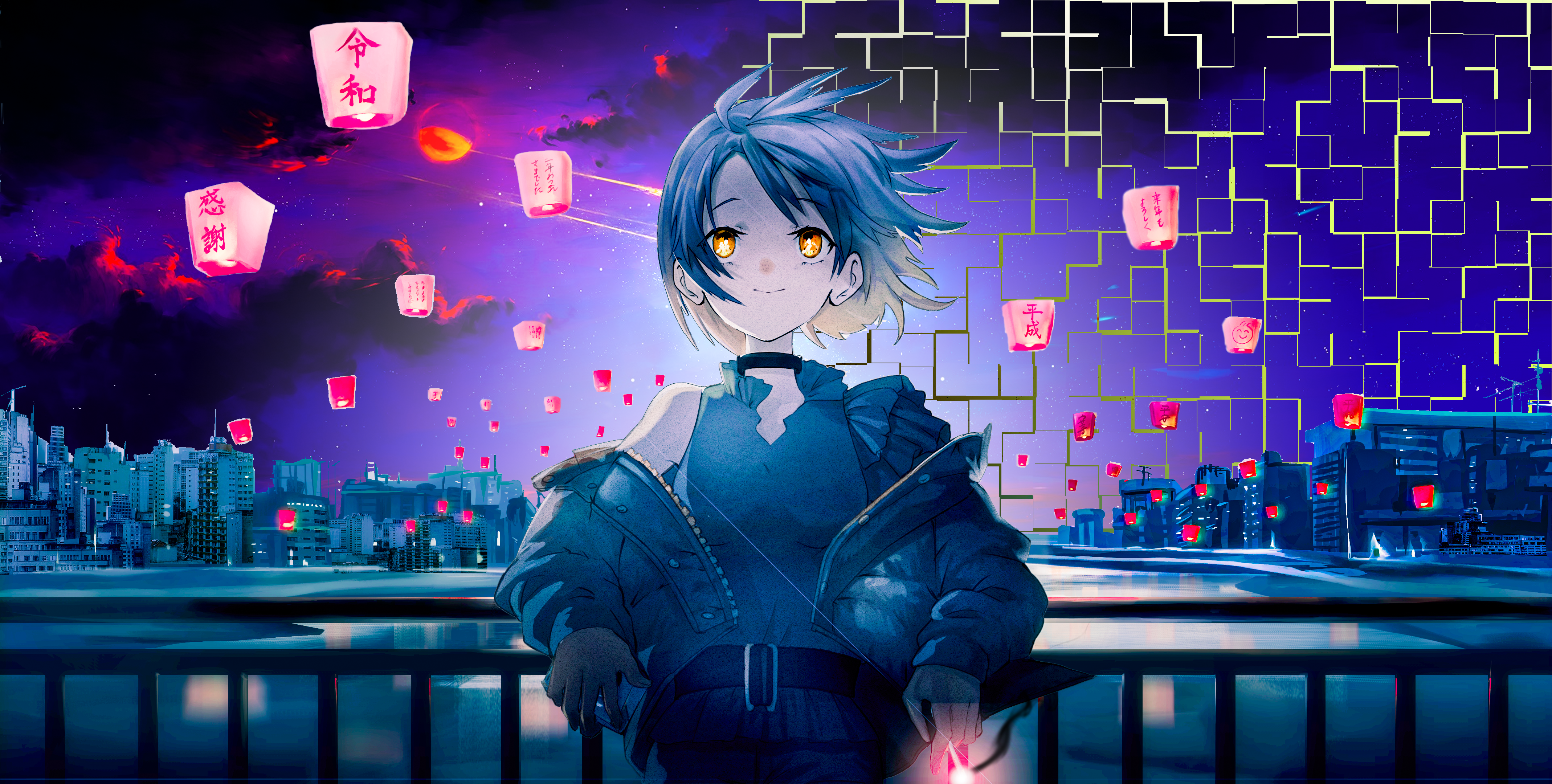 Anime Girl Releasing Lanterns in Cityscape 4K HD Wallpaper