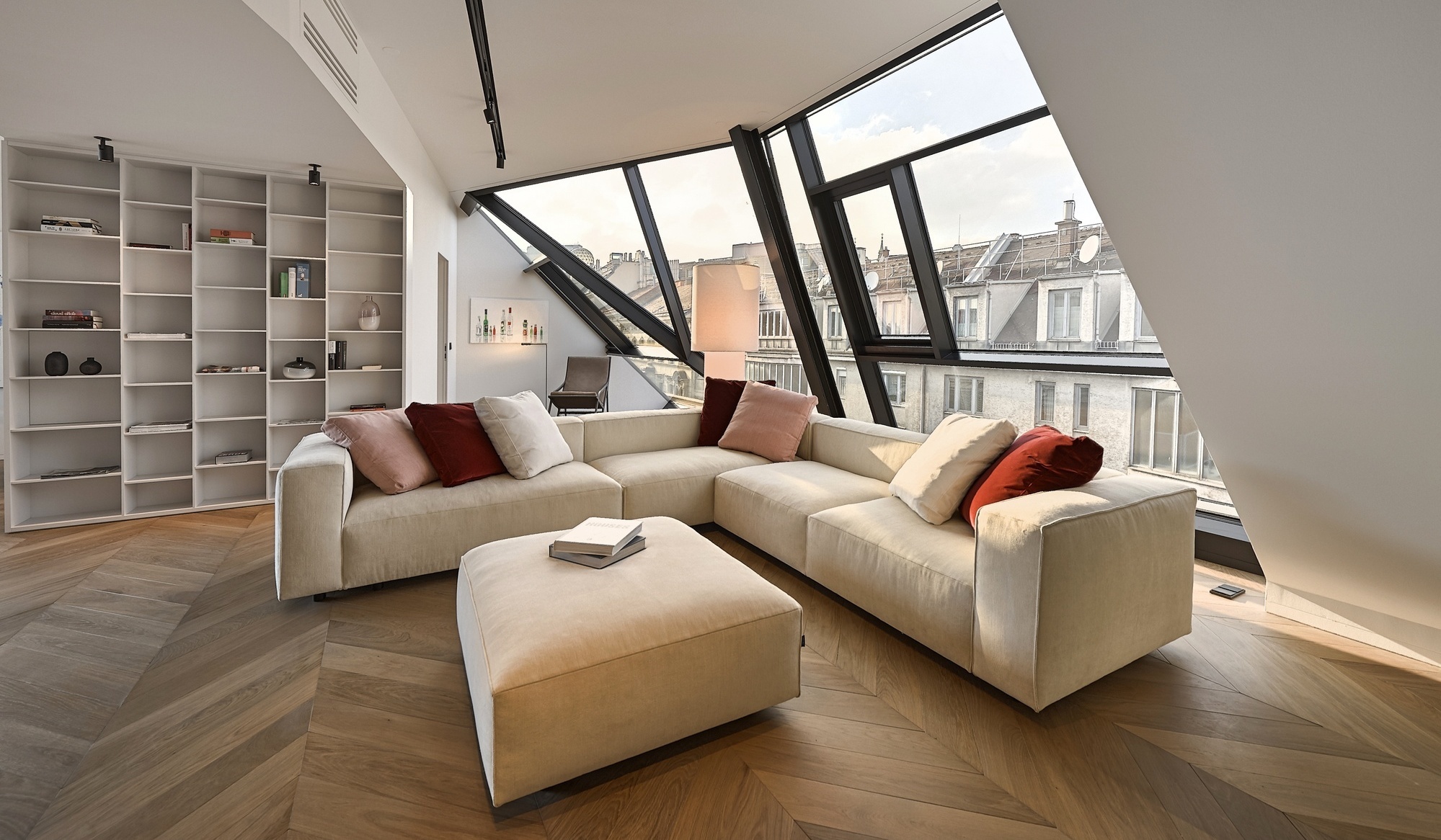 Modern living room with sectional sofa and large windows HD Wallpaper