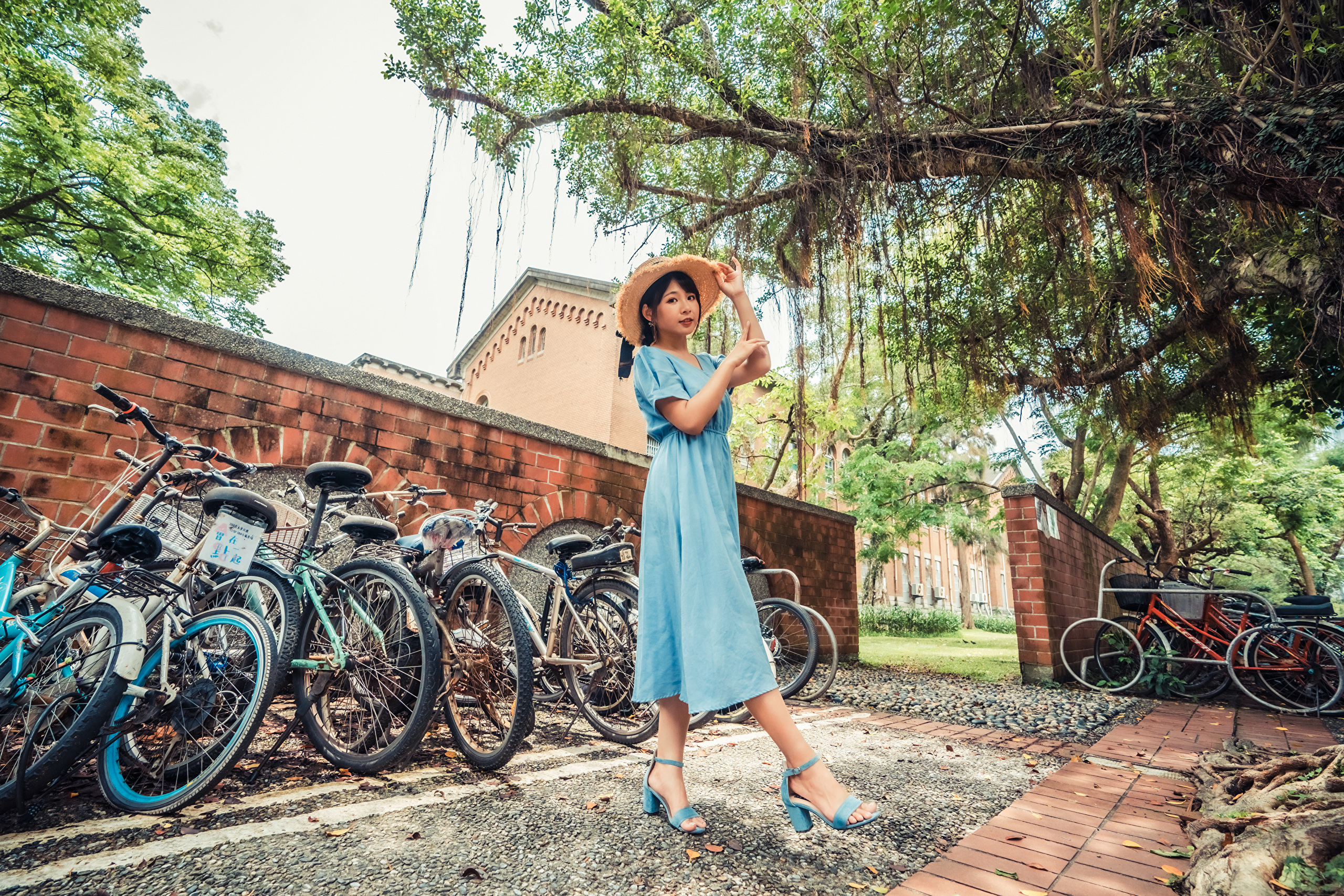 Woman in blue dress and hat posing near bicycles HD Wallpaper
