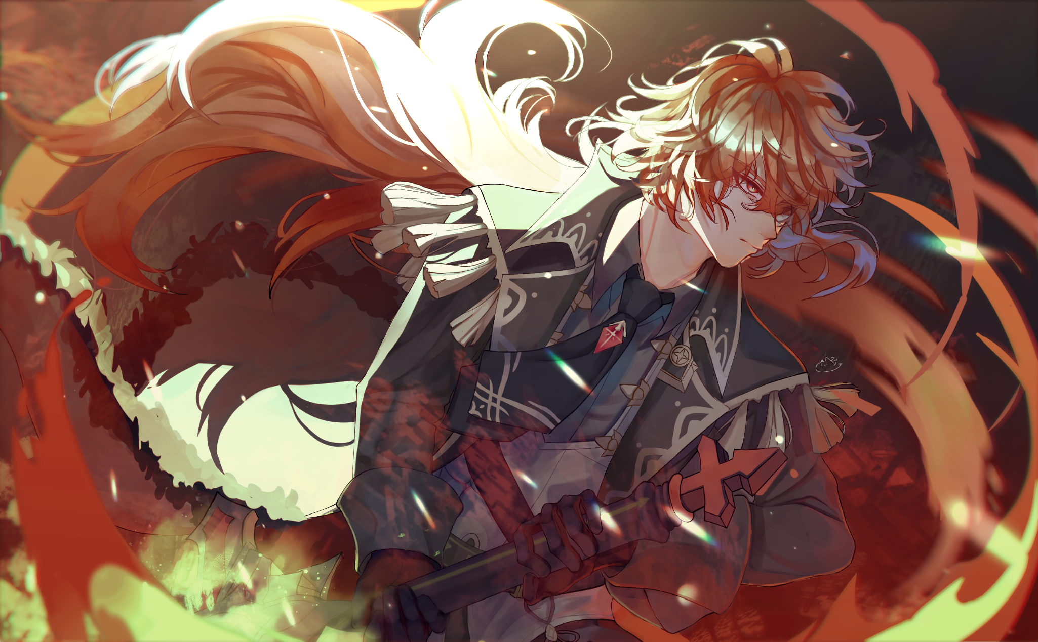 Diluc from Genshin Impact holding a weapon HD Wallpaper