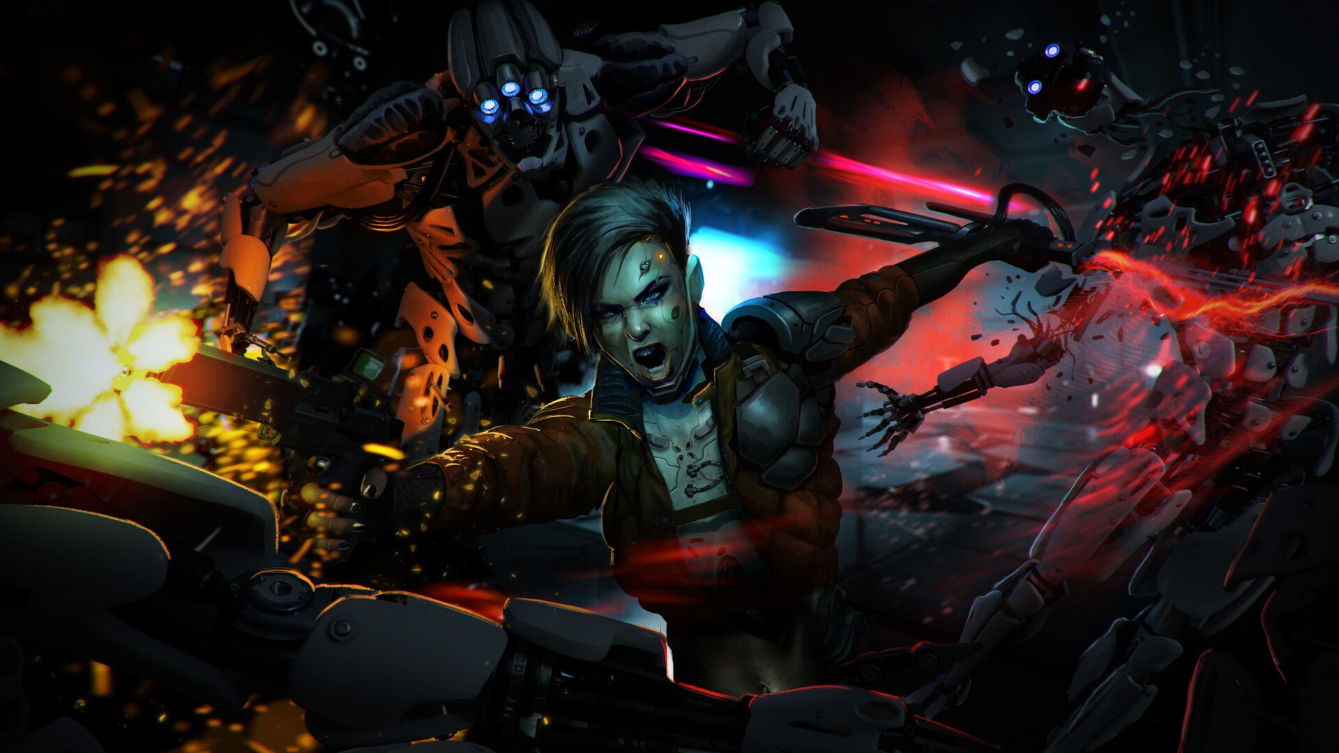 Cyberpunk woman fighting robots with lasers HD Wallpaper