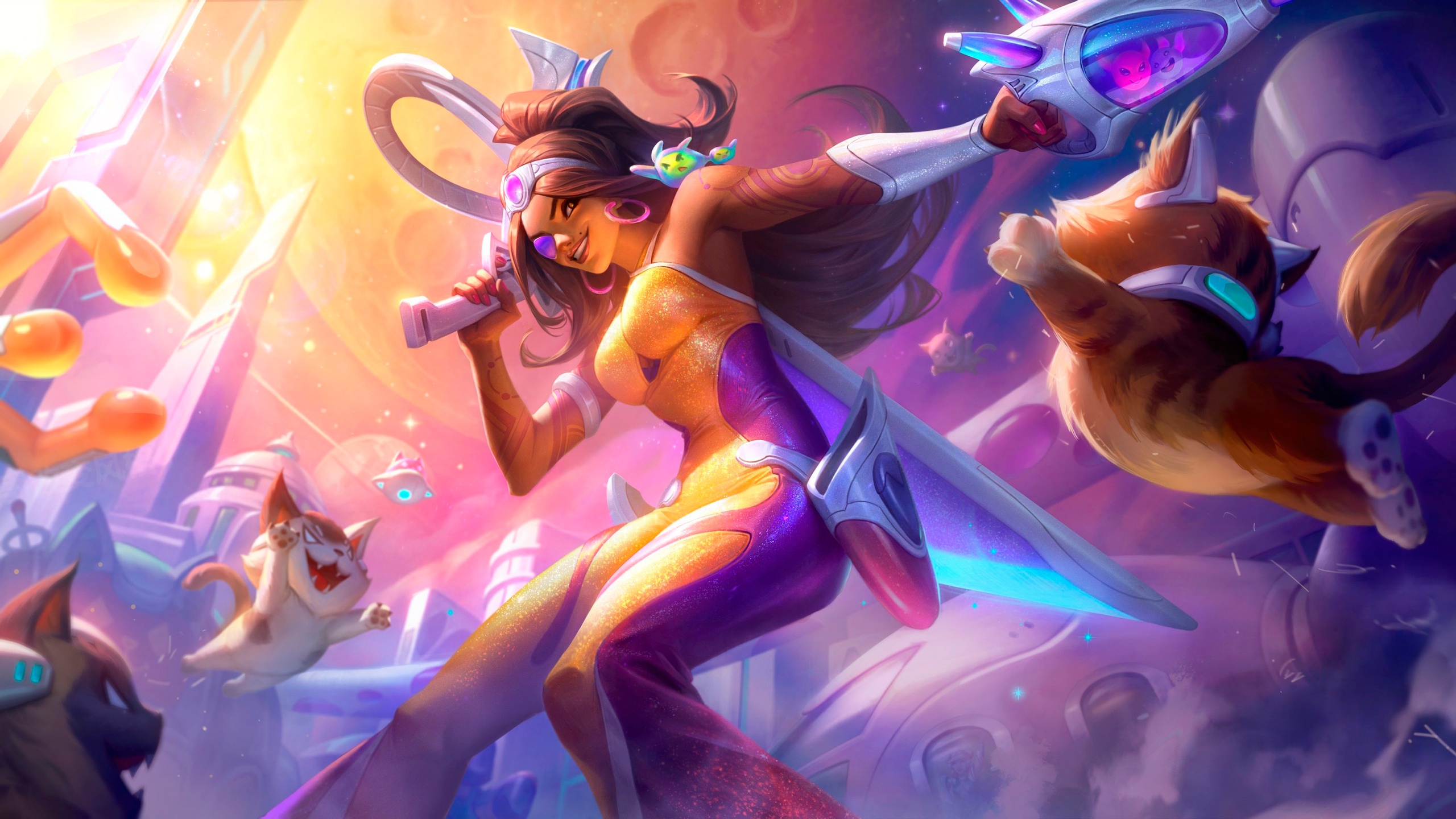 Samira (League of Legends) with cats in space HD Wallpaper