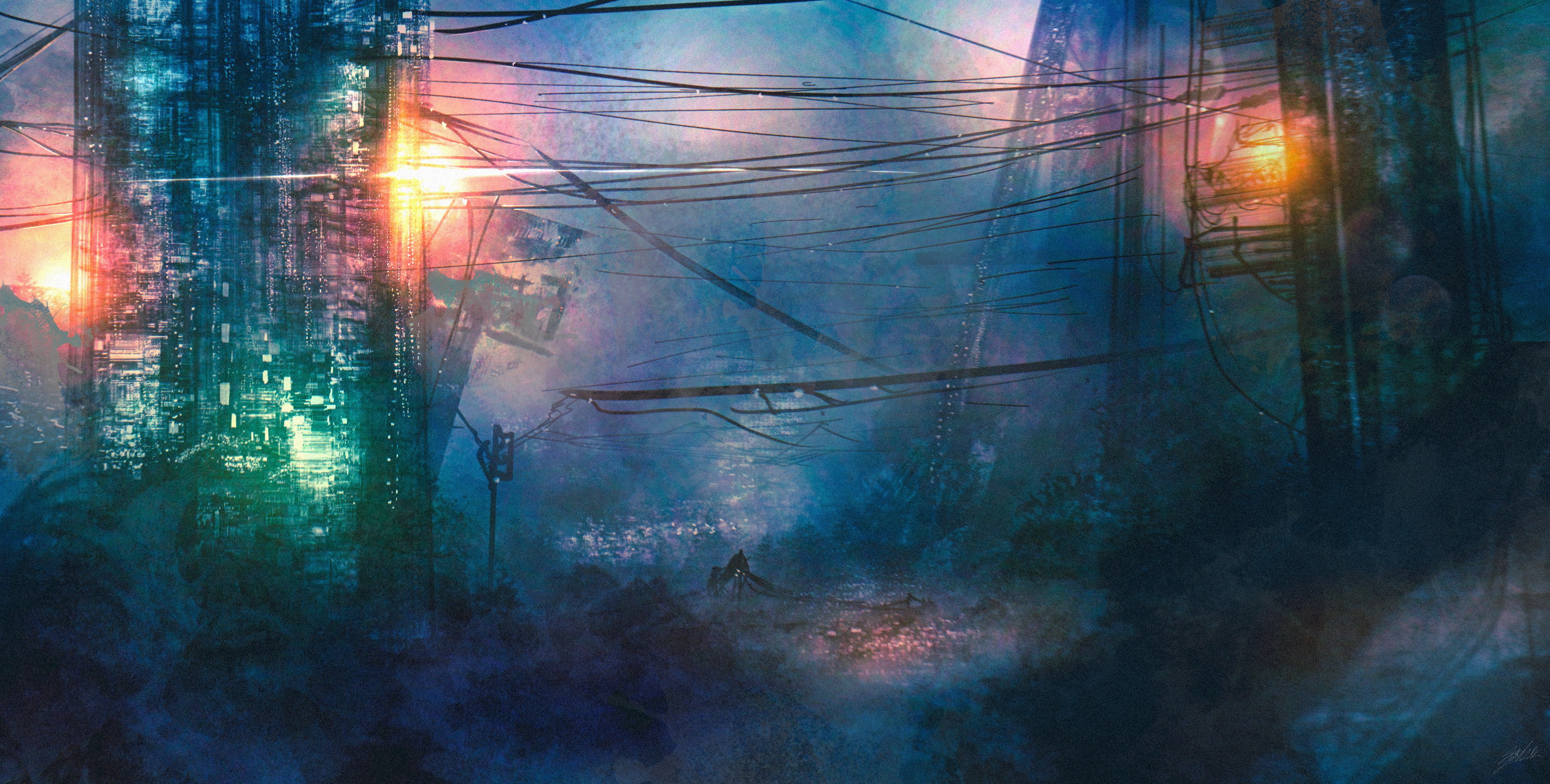 Sci Fi Post Apocalyptic Cityscape with Wires HD Wallpaper
