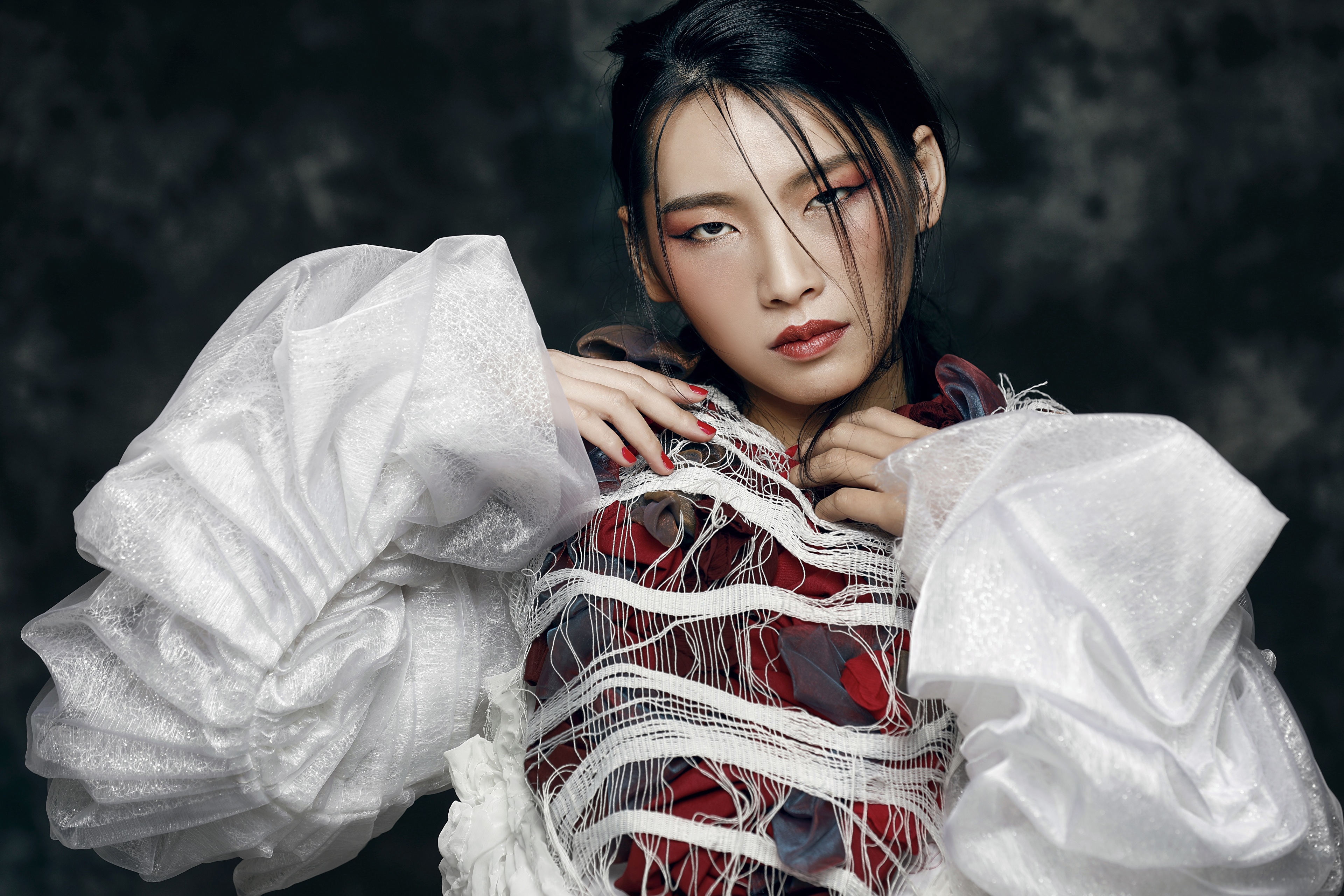 Asian Woman Model with Black Hair in Avant-Garde Outfit HD Wallpaper