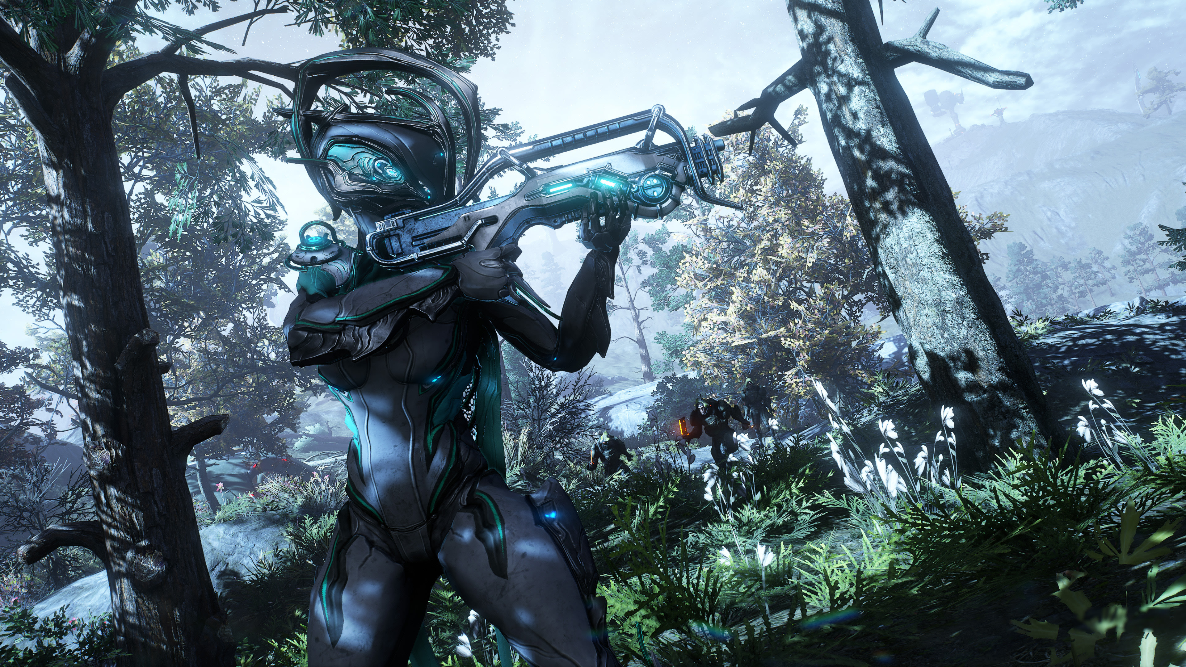Warframe character aiming a rifle in a forest HD Wallpaper