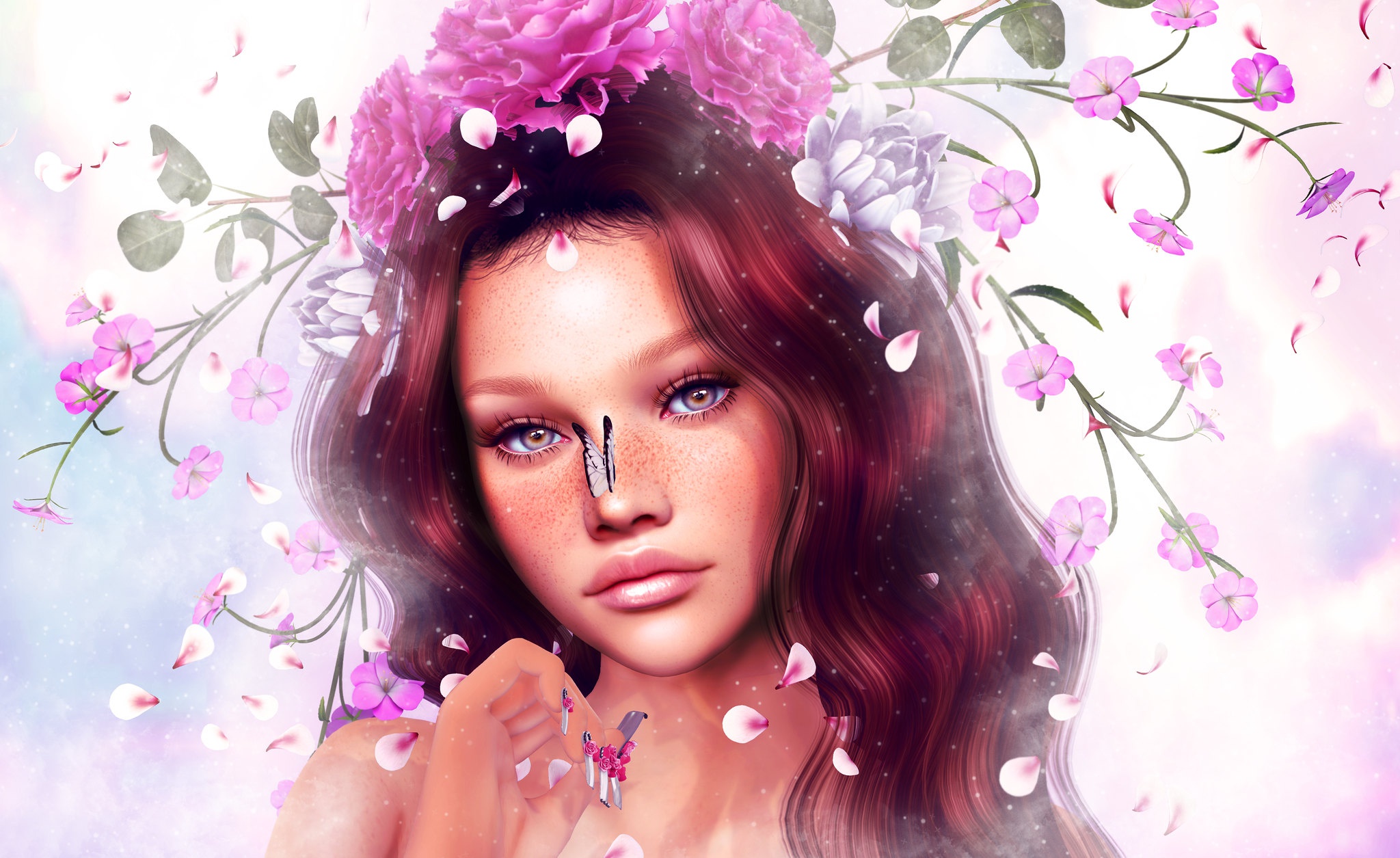 Woman with flowers and butterfly HD Wallpaper