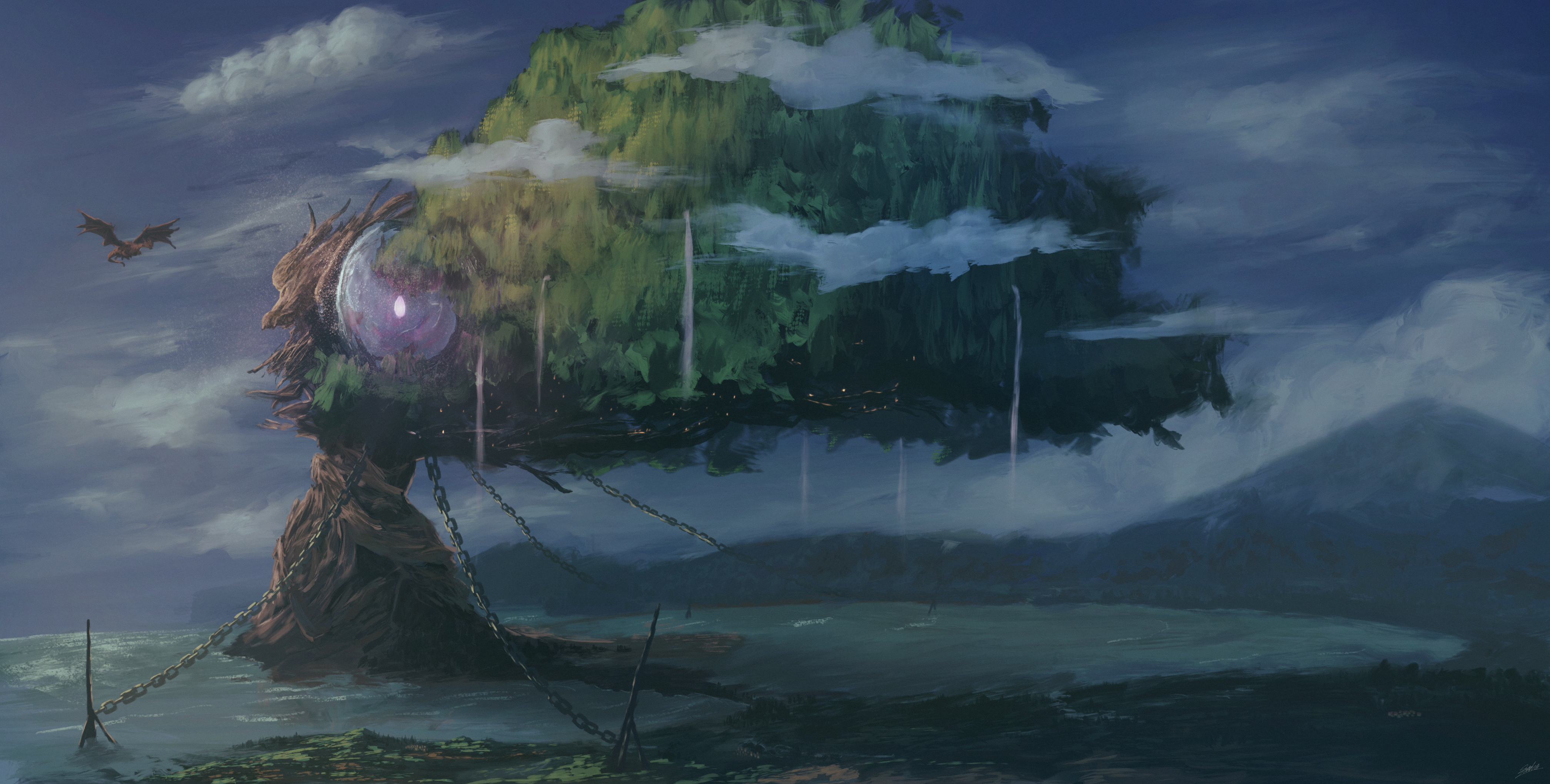 Fantasy Tree with Eye and Dragon HD Wallpaper