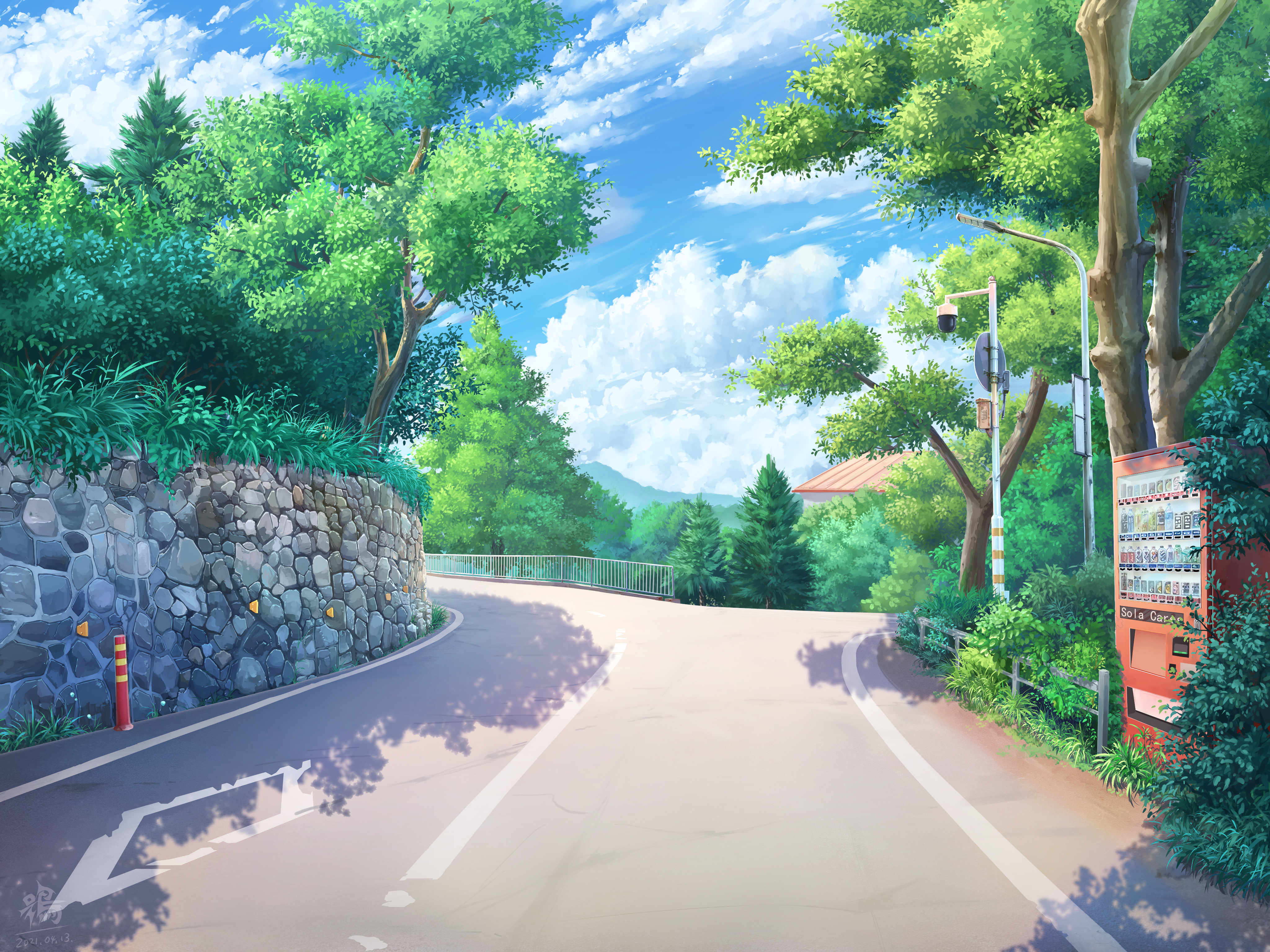 Roadside with trees and vending machine HD Wallpaper