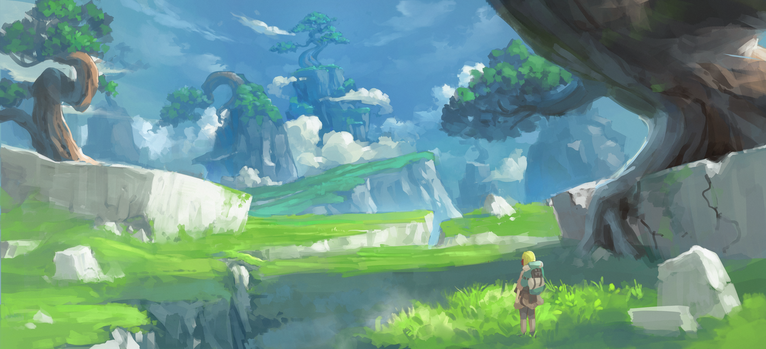 A person with a backpack walks through a fantasy landscape. HD Wallpaper