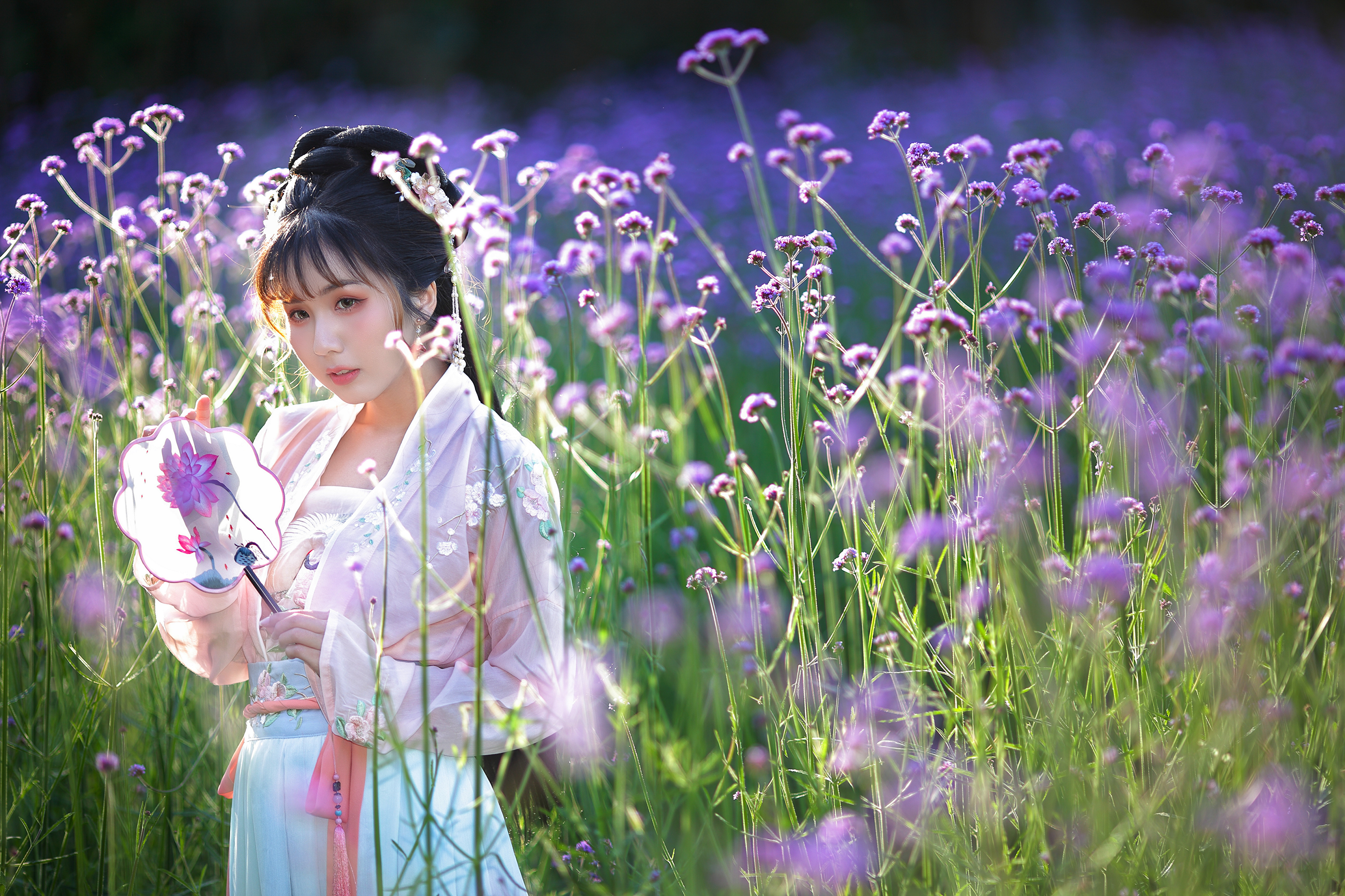 Asian Woman with Black Hair in Purple Flowers HD Wallpaper