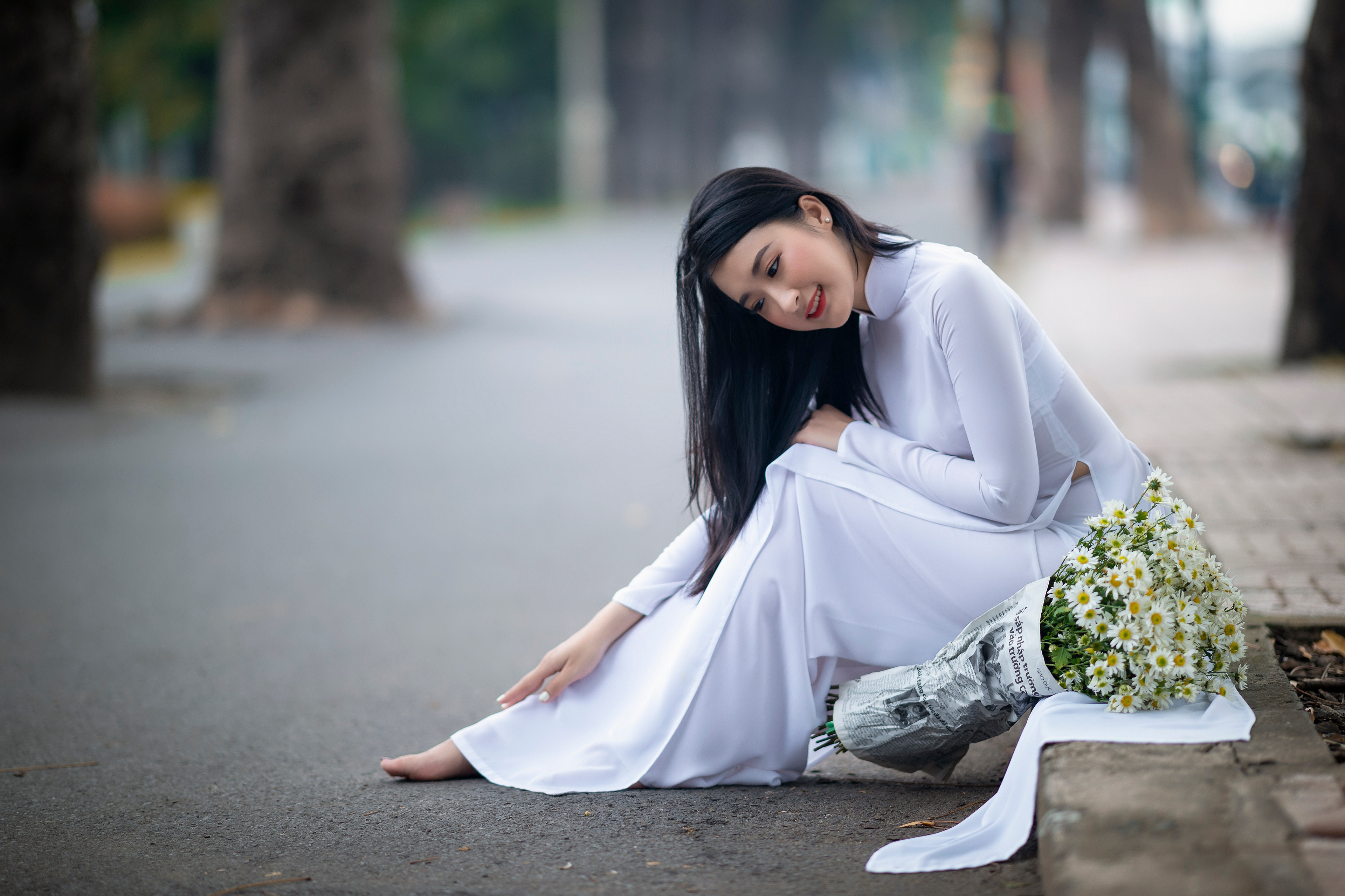 Asian woman with long black hair in white dress HD Wallpaper