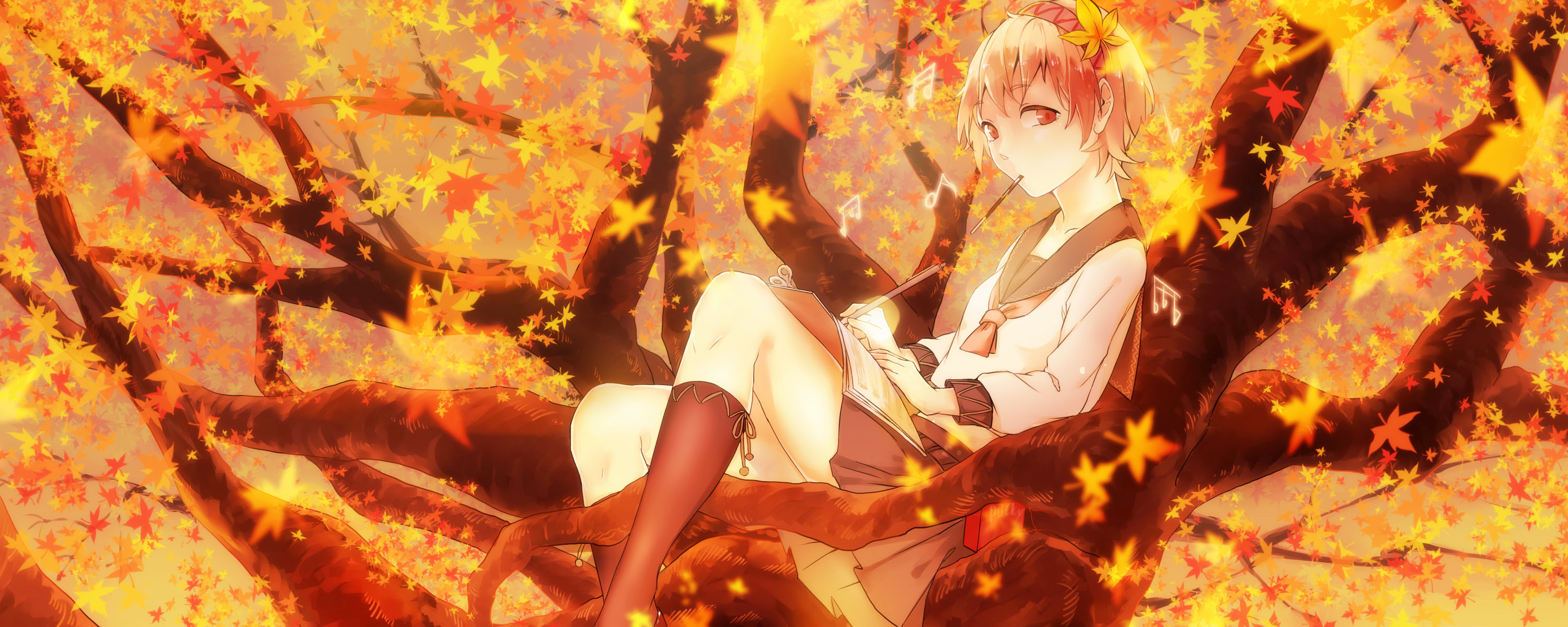 Yatsuhashi Tsukumo sitting in a tree with autumn leaves HD Wallpaper