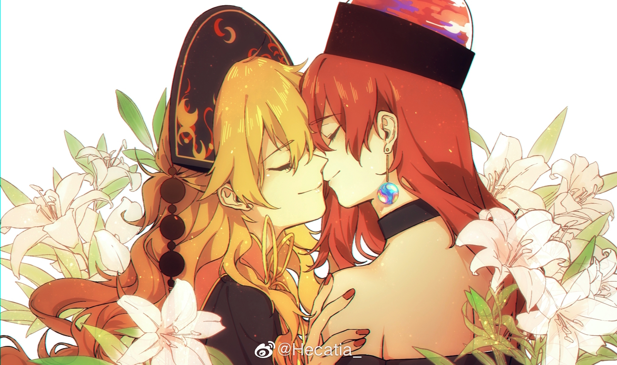 Junko and Hecatia Lapislazuli kissing among lilies HD Wallpaper