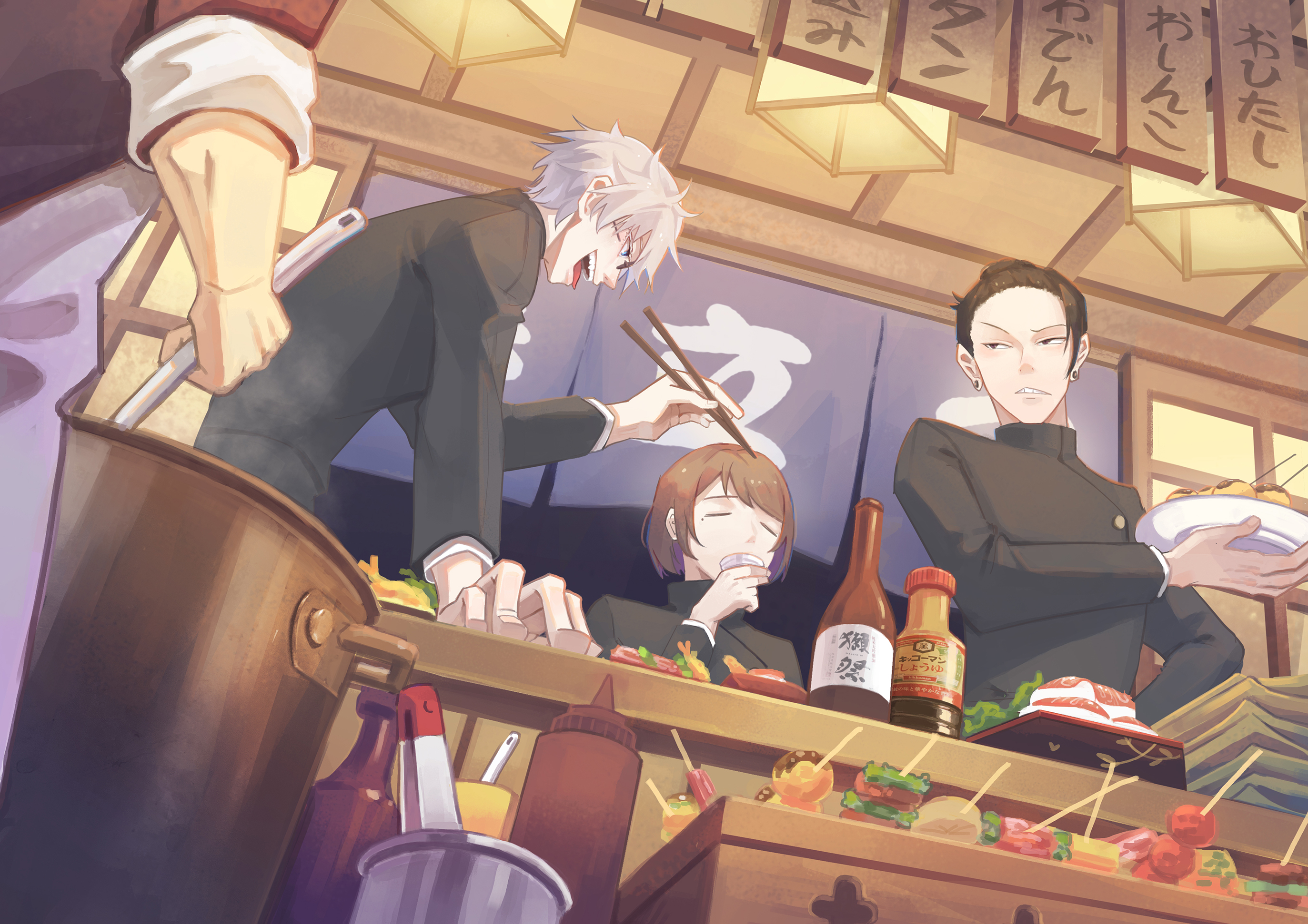 Satoru Gojo, Suguru Geto, and Shoko Ieiri at a food stall HD Wallpaper