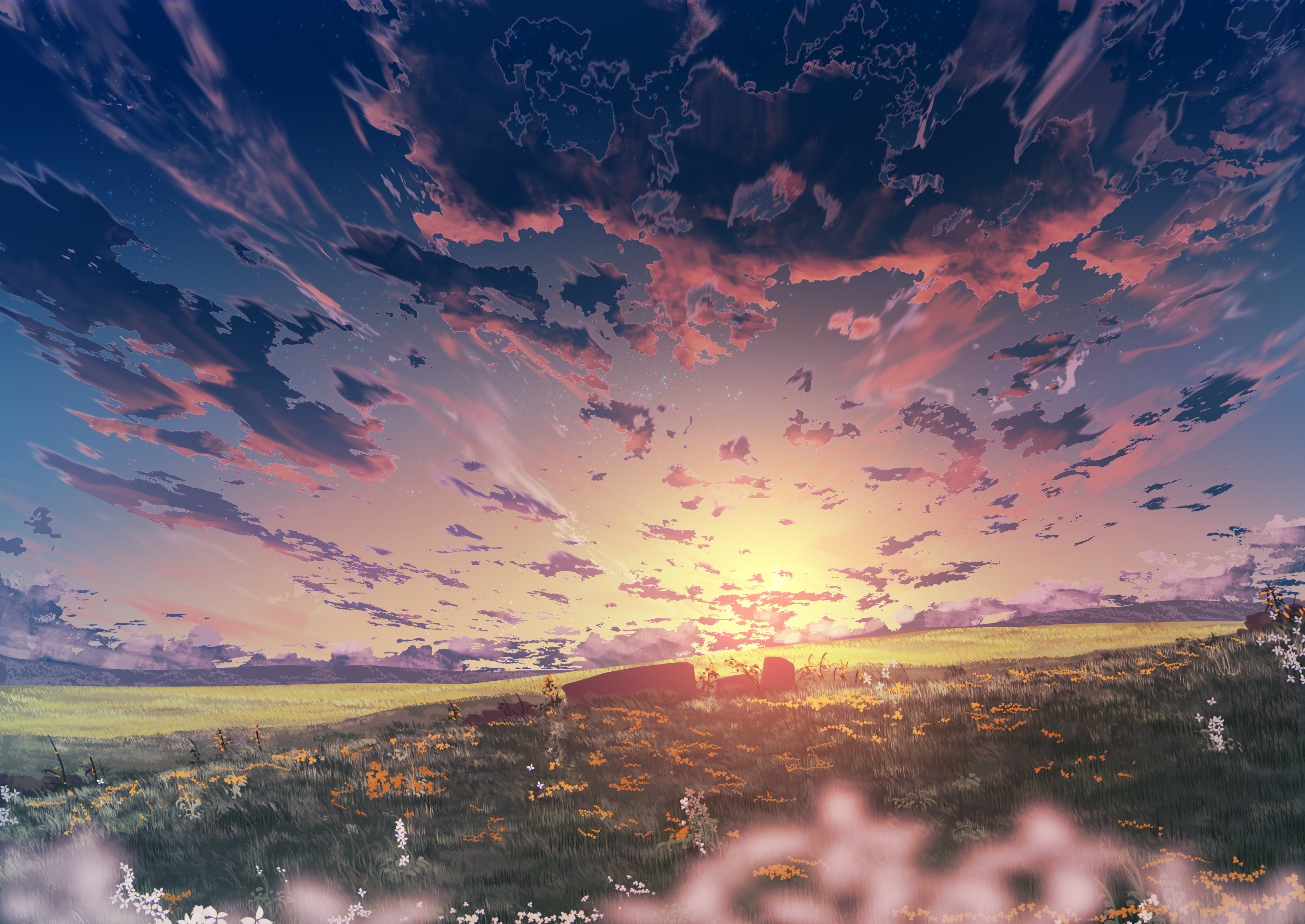 Anime Landscape with Sunset and Clouds HD Wallpaper