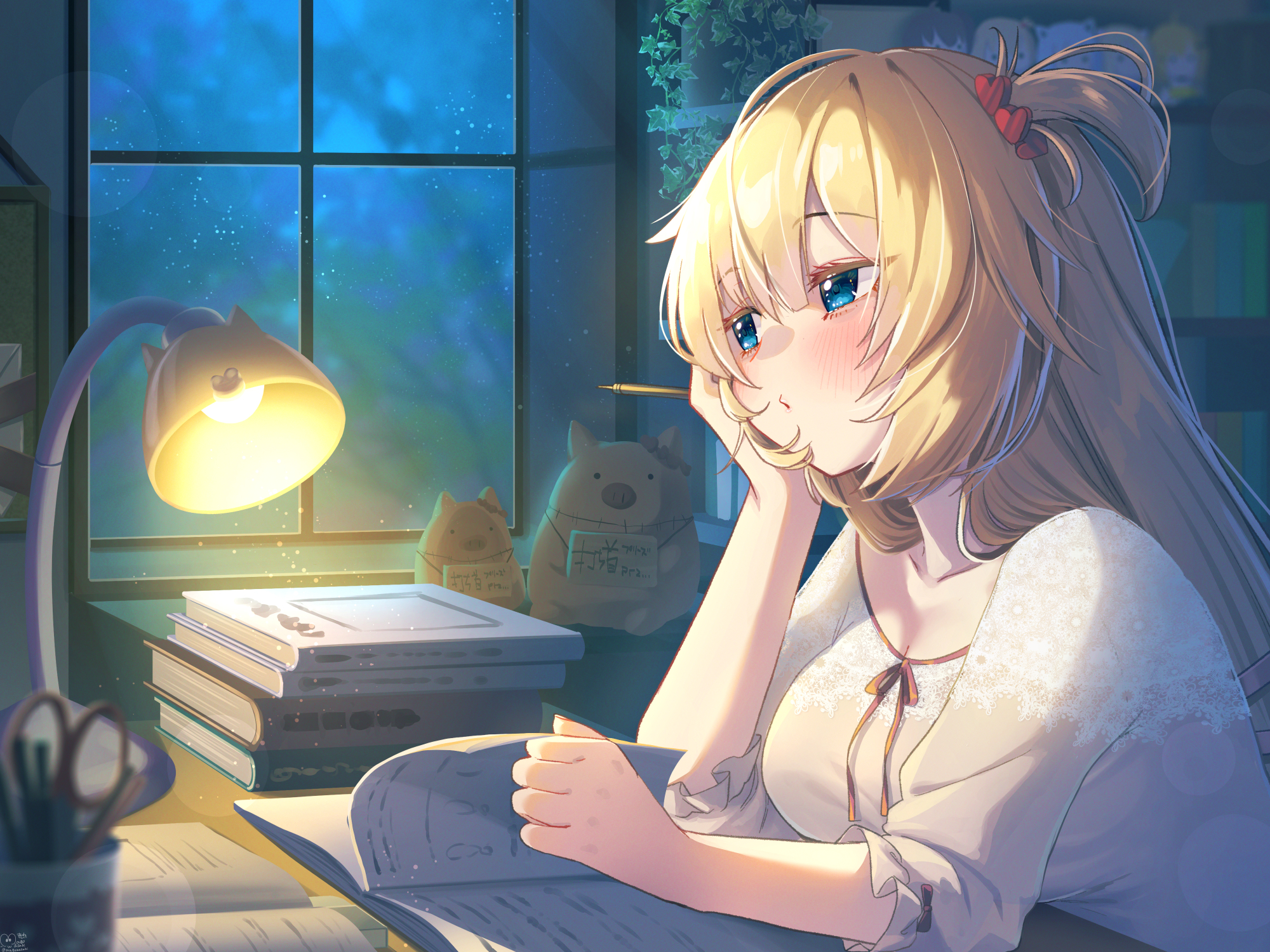Akai Haato studying at her desk at night HD Wallpaper