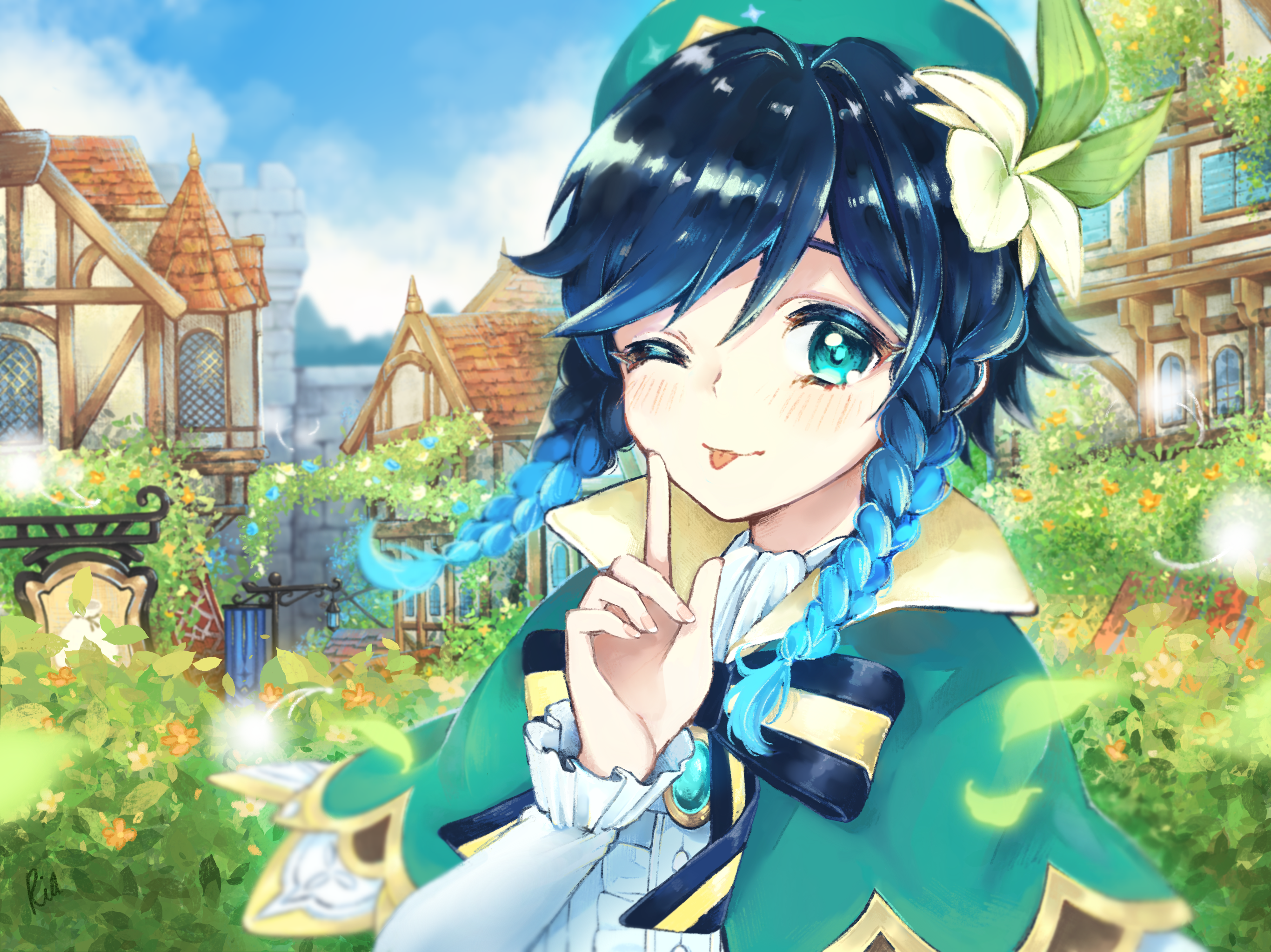 Venti from Genshin Impact winks in a town HD Wallpaper
