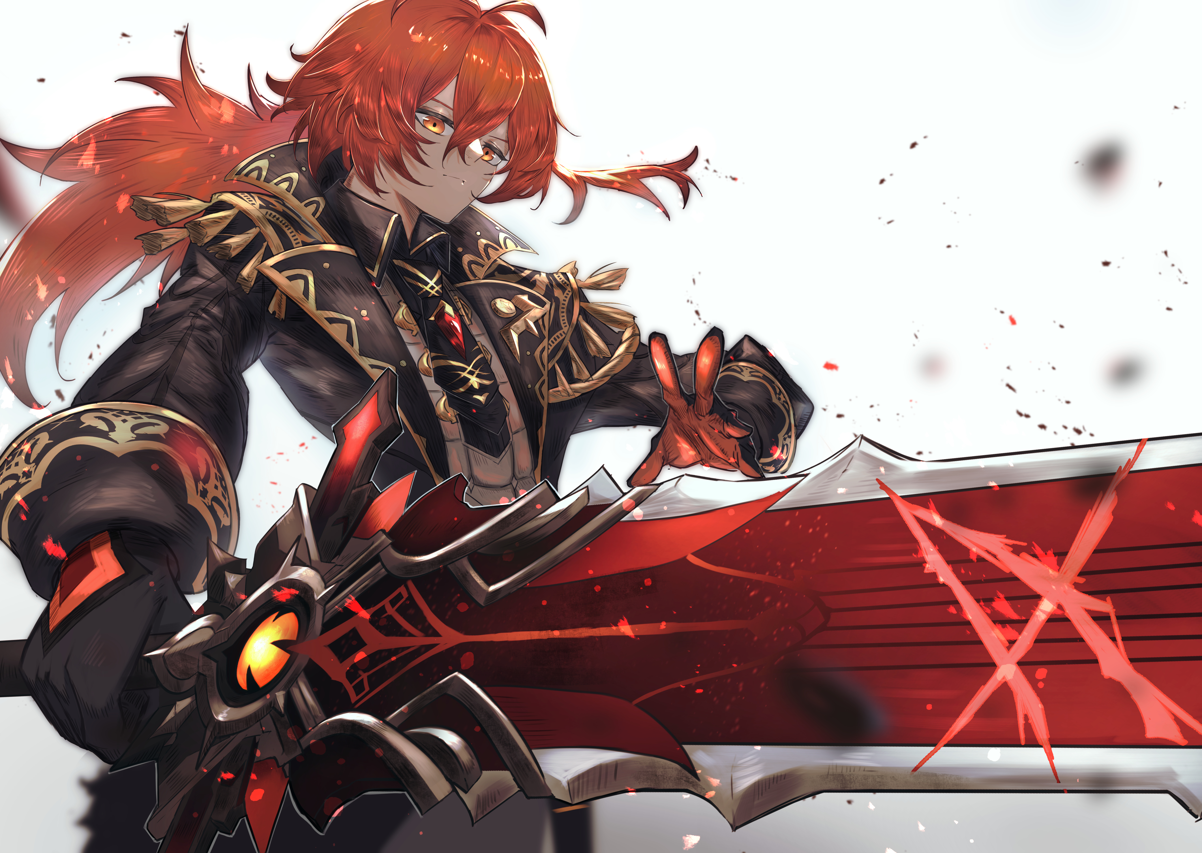 Diluc from Genshin Impact with a large sword HD Wallpaper