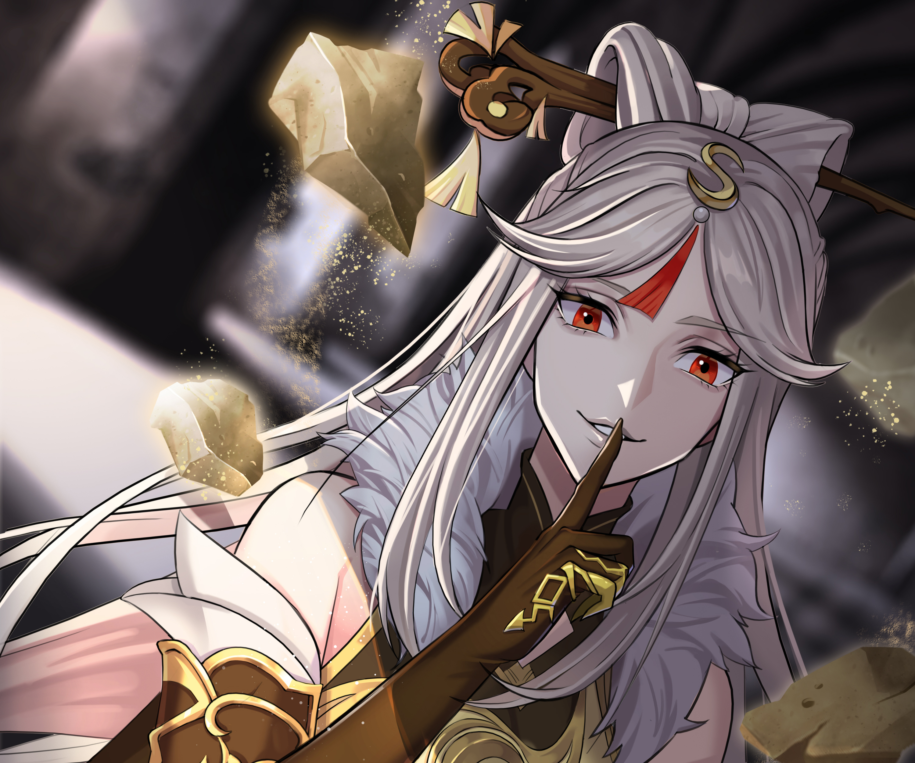Ningguang from Genshin Impact with floating rocks HD Wallpaper