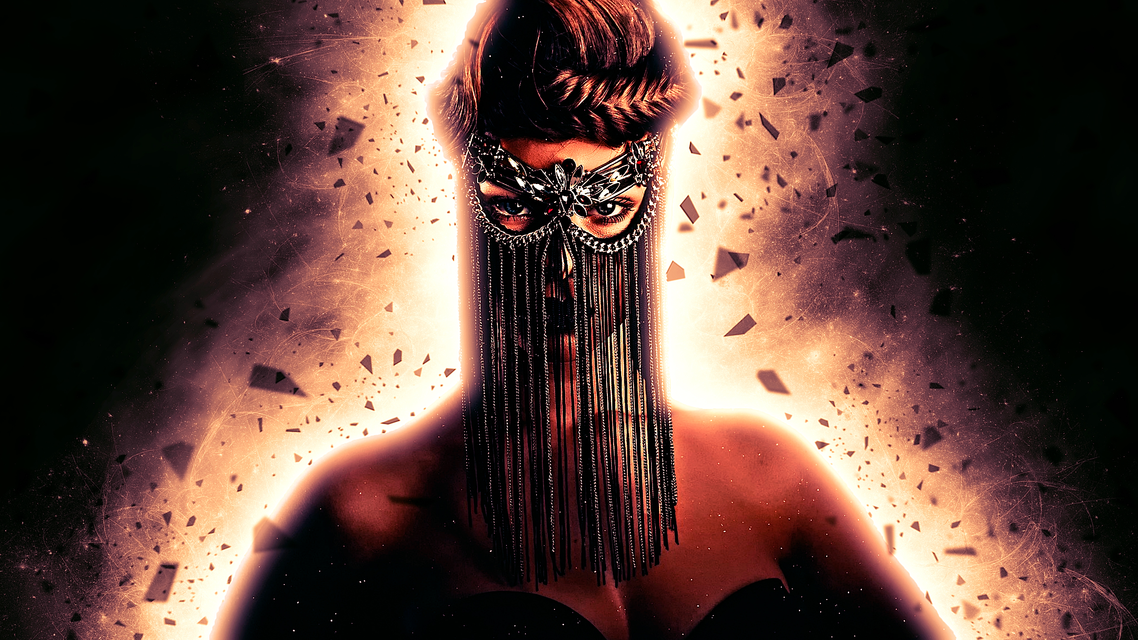 Woman wearing a jeweled mask with chains HD Wallpaper