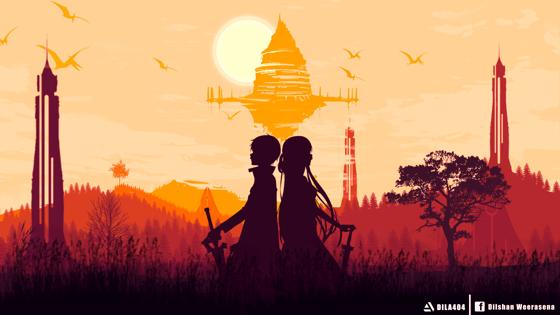Kirito and Asuna from Sword Art Online in a fantasy landscape HD Wallpaper