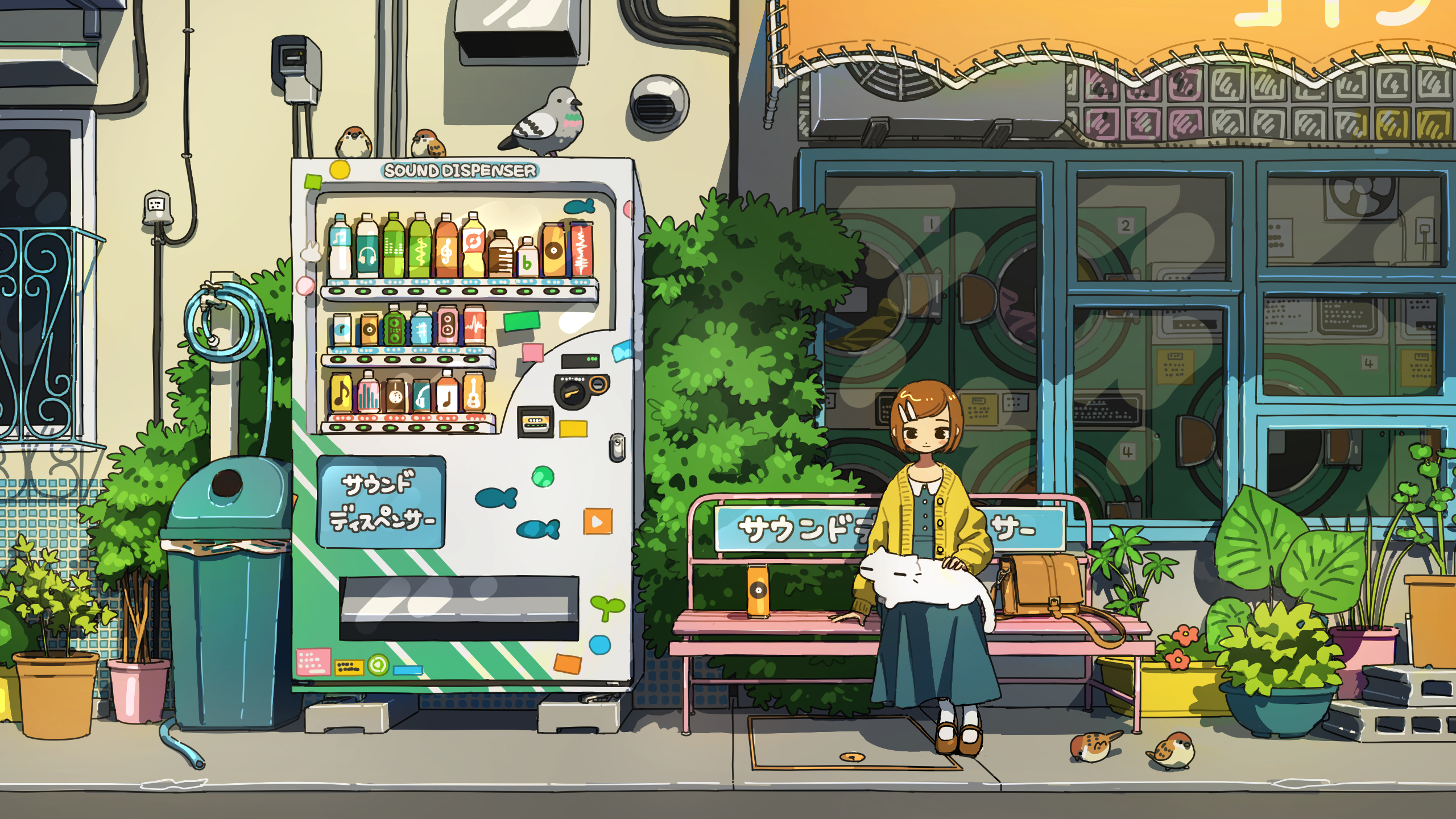 Girl with cat and birds at a vending machine HD Wallpaper