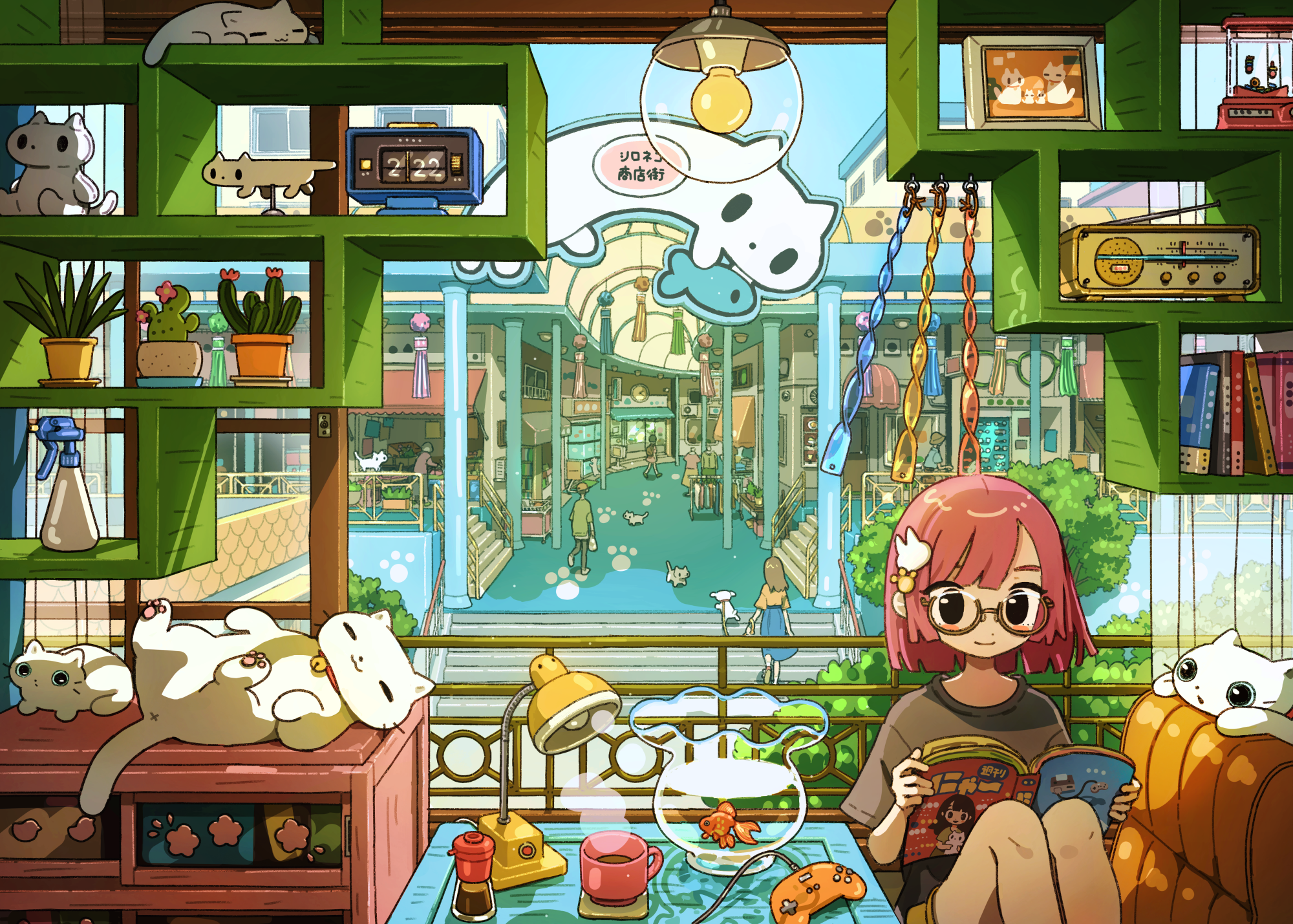 Girl reading with cats and fish in a shop HD Wallpaper
