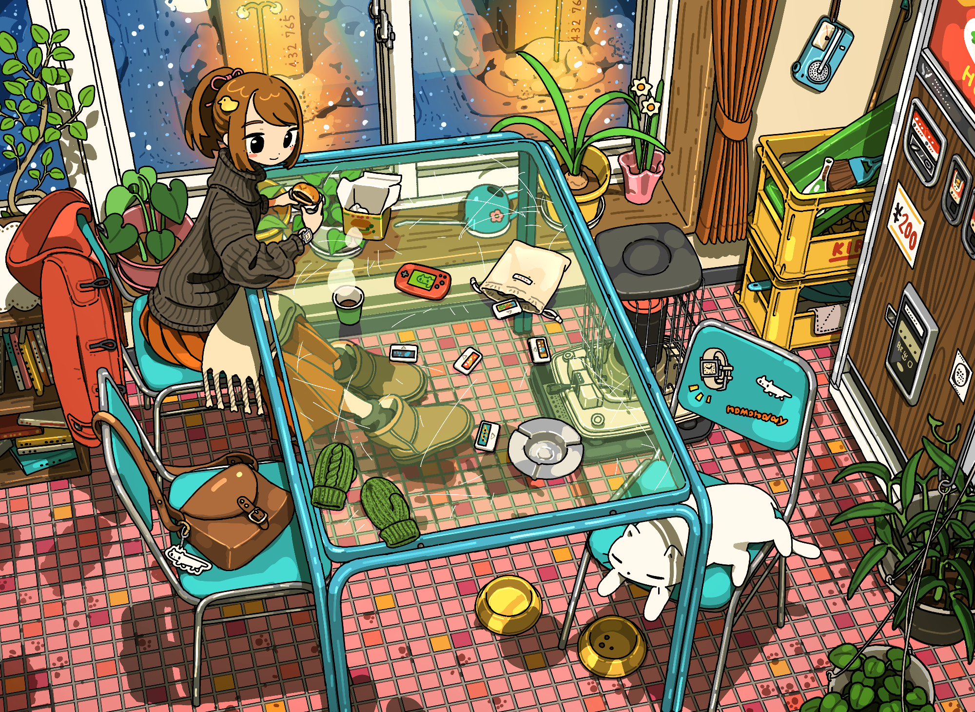 Girl eating burger with cat in cozy room HD Wallpaper