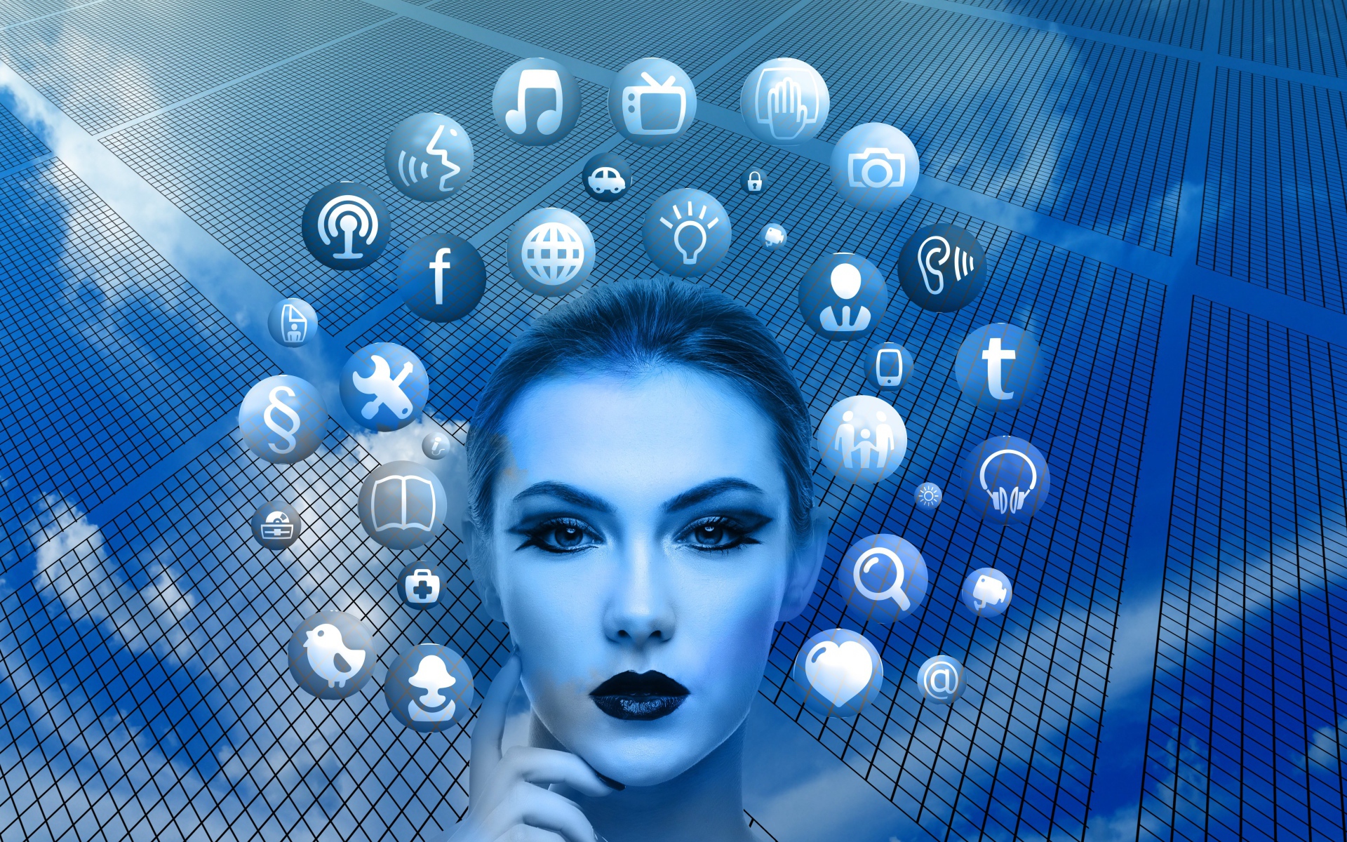 Sci-Fi Woman Surrounded by Social Media Icons HD Wallpaper